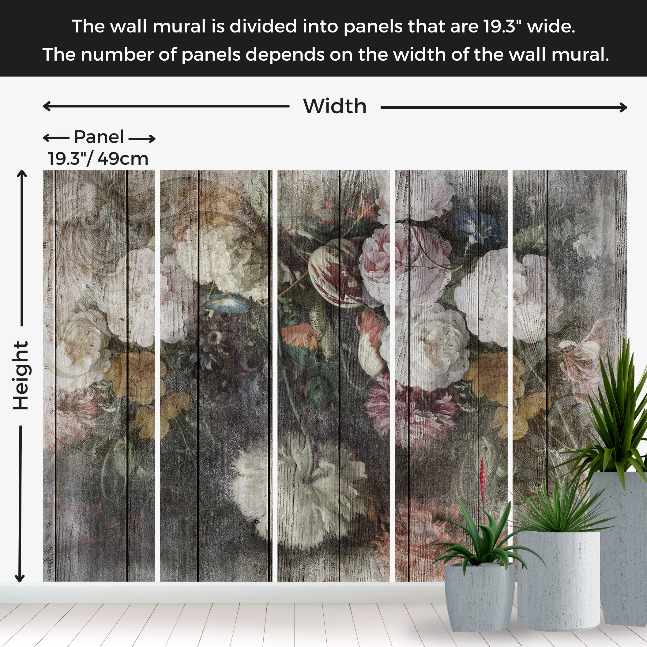 Peel & Stick Floral Wall Mural - Vintage Flowers on Wood 38"Wx27"H