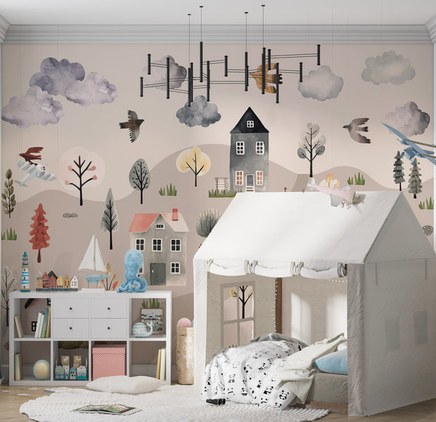 Peel & Stick Kids Wall Mural - Scandinavian Valley in Pastel Colors 38"Wx27"H