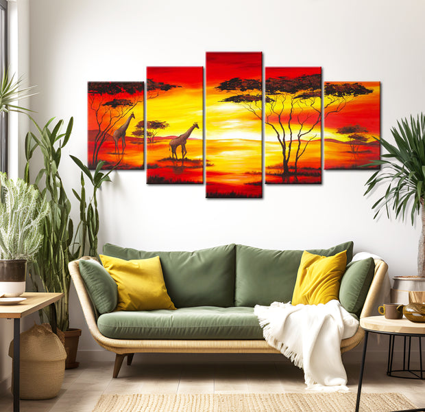 Stretched Canvas Landscape Art - Giraffes And A Beautiful Sunset 40"Wx20"H