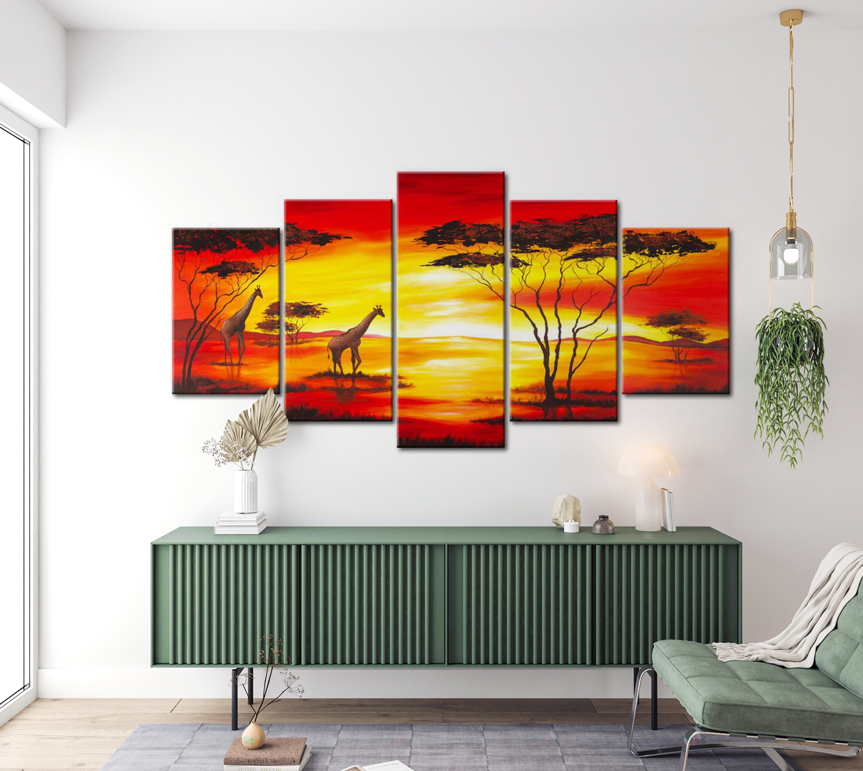 Stretched Canvas Landscape Art - Giraffes And A Beautiful Sunset 40"Wx20"H