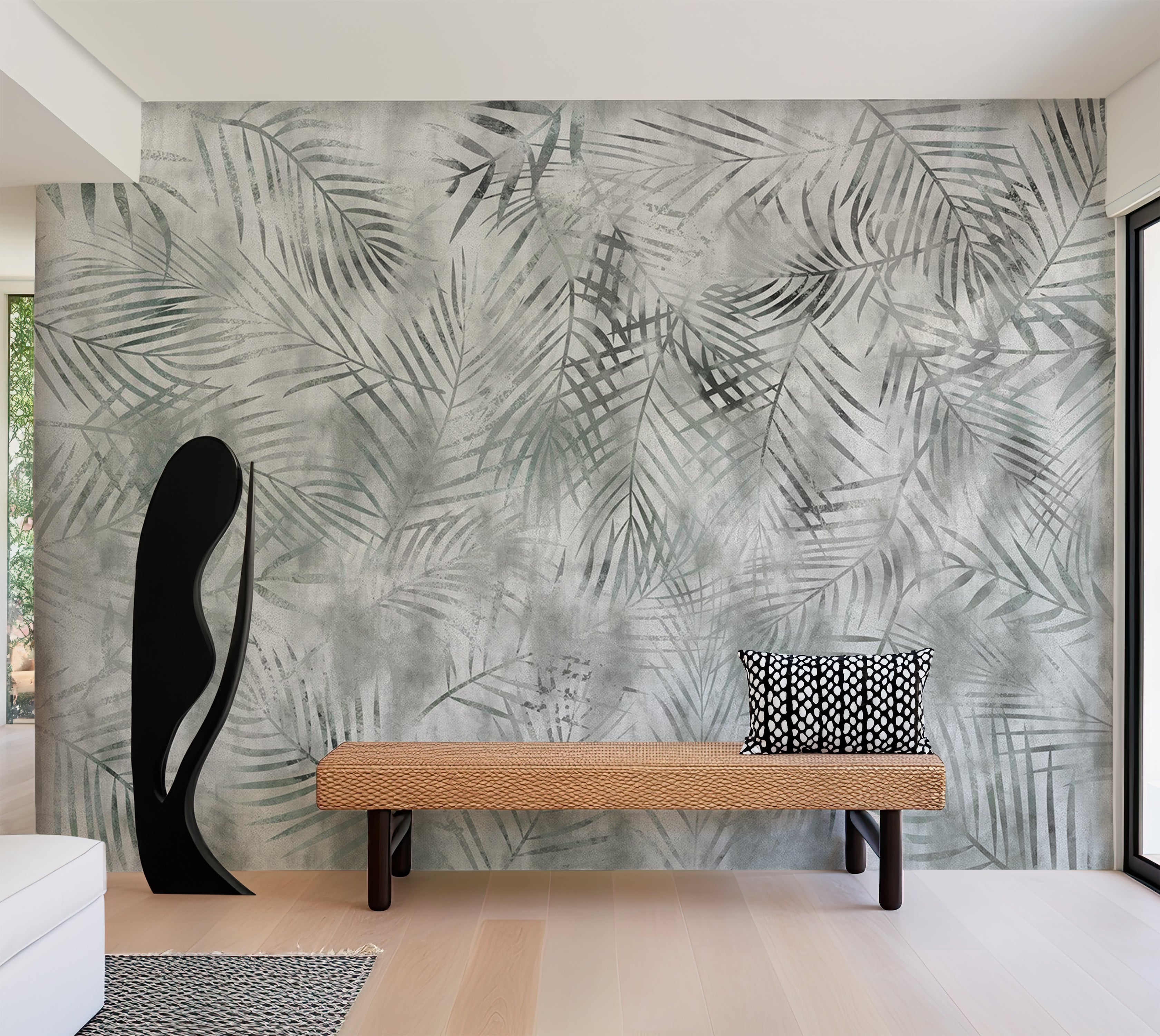 Botanical Wallpaper Wall Mural - Minimalist Grey Exotic Leaves 39"Wx27"H / Standard