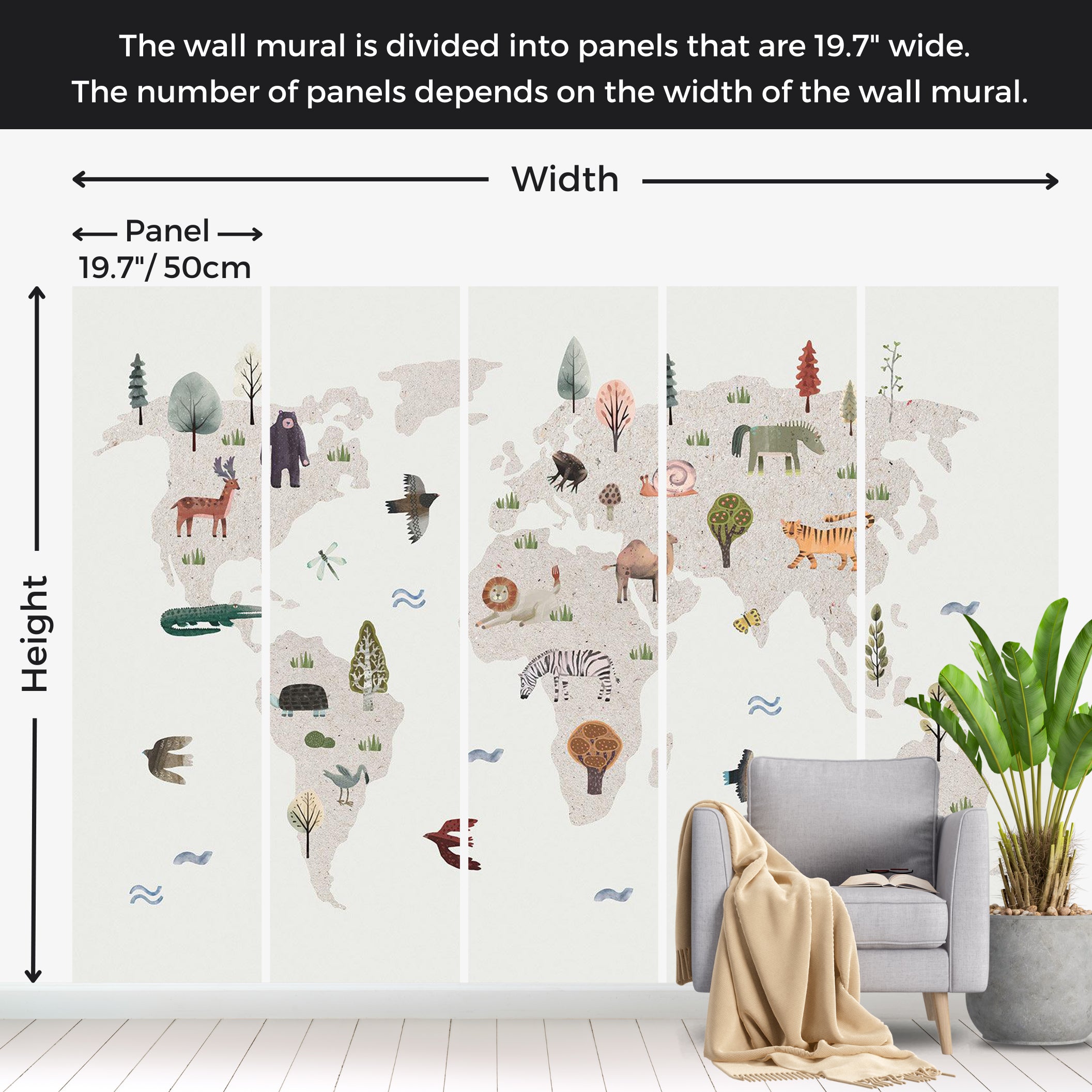 Kids Wallpaper Wall Mural - Beige World Map With Animals 39"Wx27"H / Standard