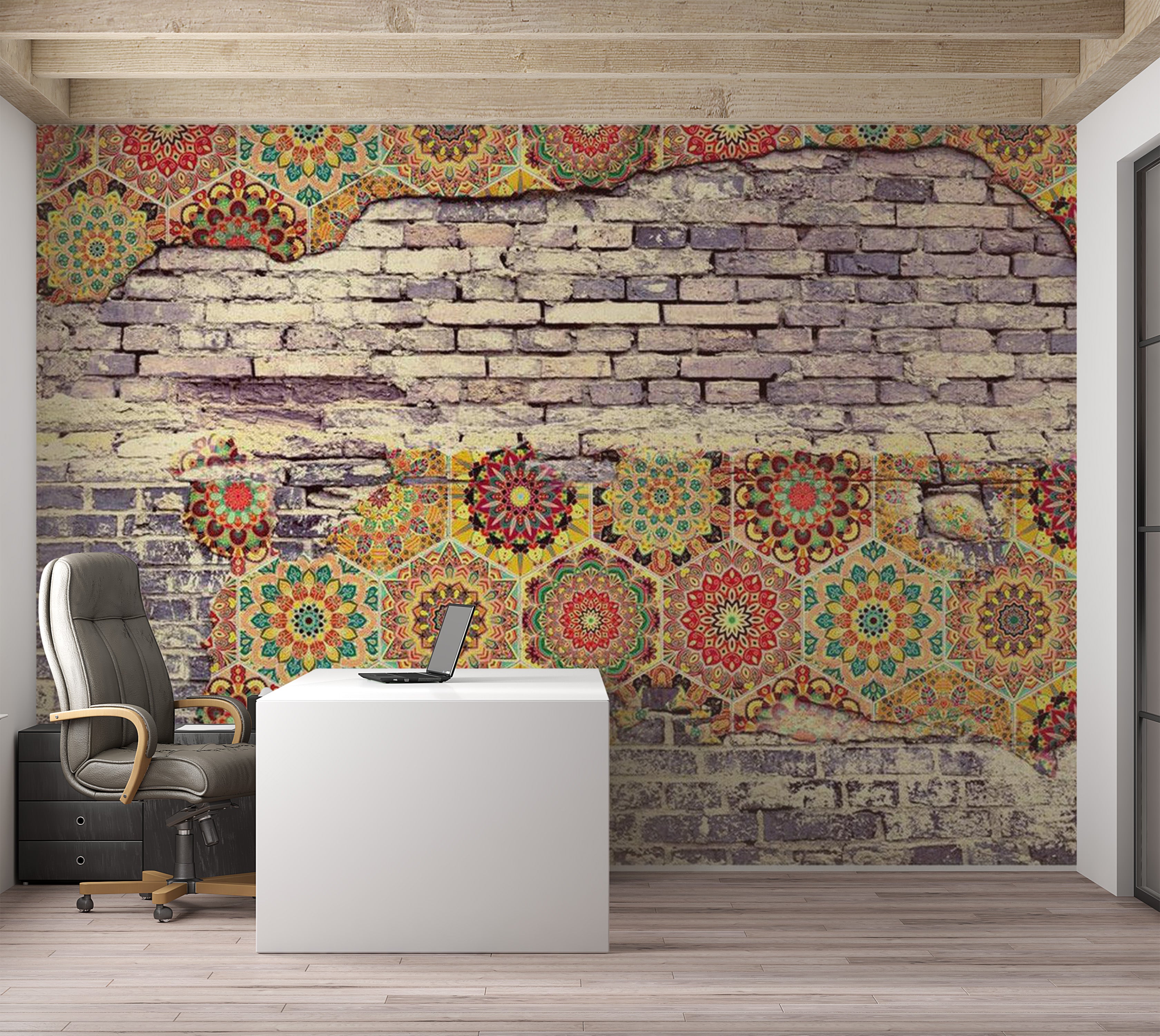 Background & Patterns Wallpaper Wall Mural - Brick Wall and Mosaic 39"Wx27"H