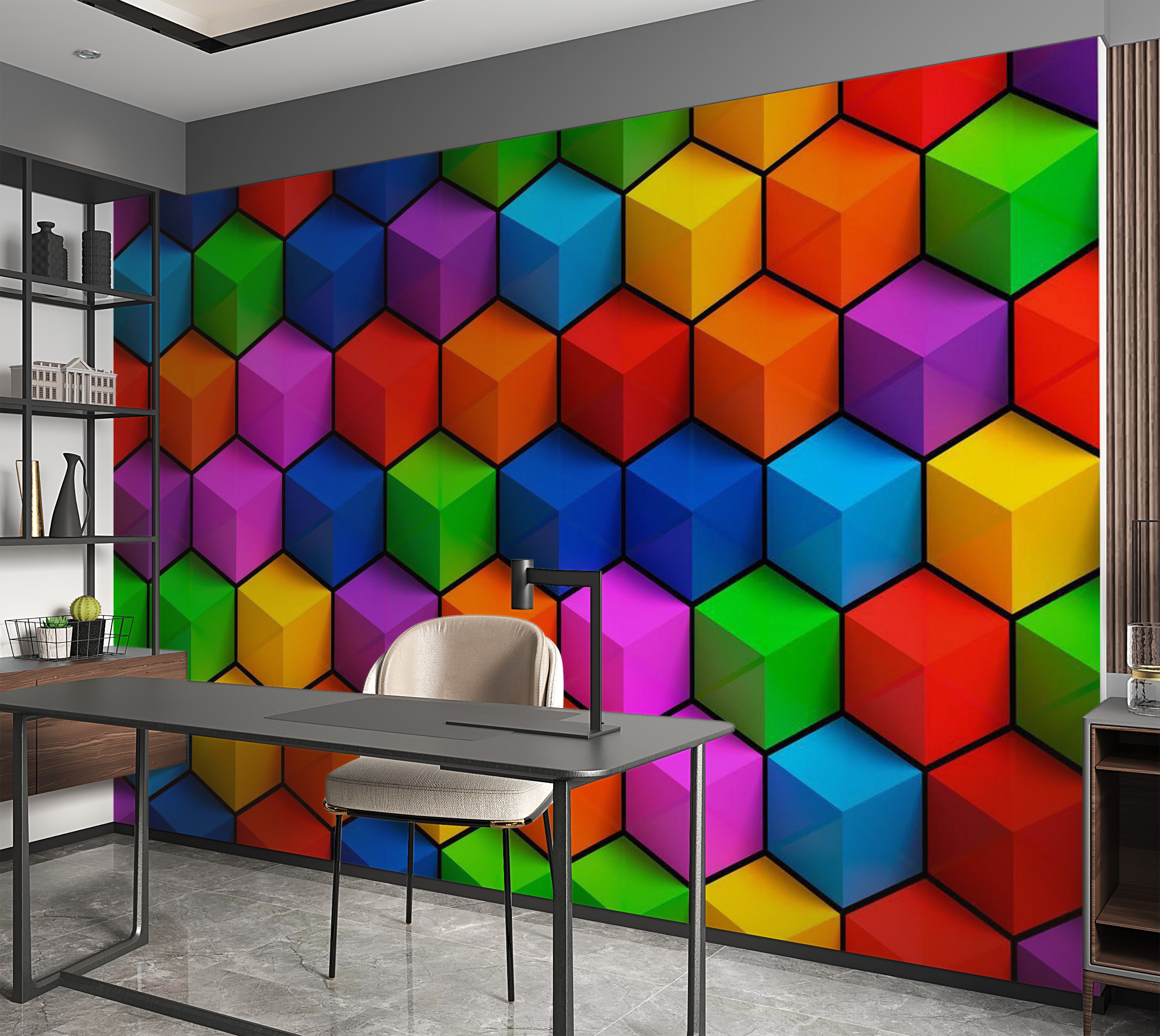 Abstract Wallpaper Wall Mural - Colorful Geometric Boxes 39"Wx27"H