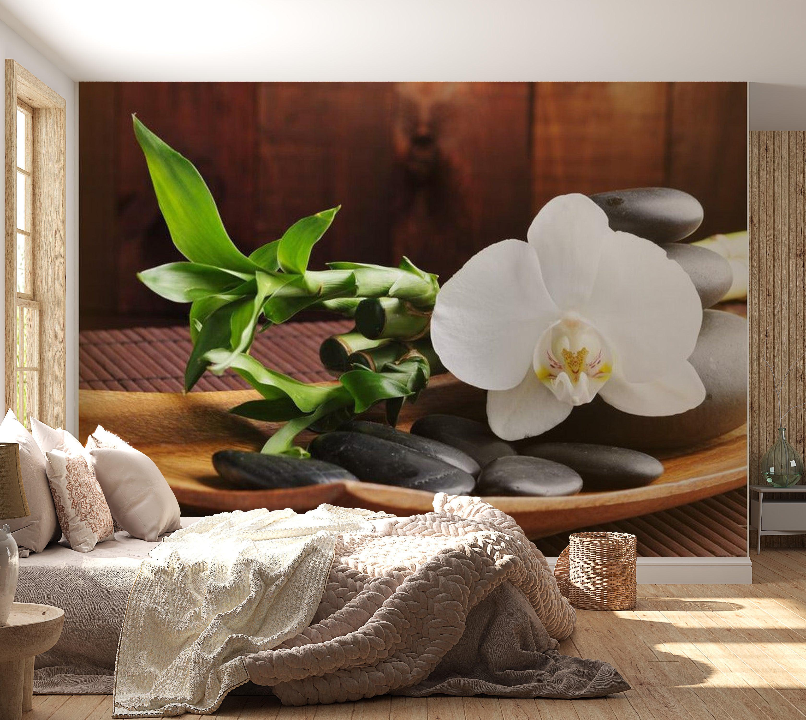 Zen Wallpaper Wall Mural - Bamboo, Black Stones & Orchid