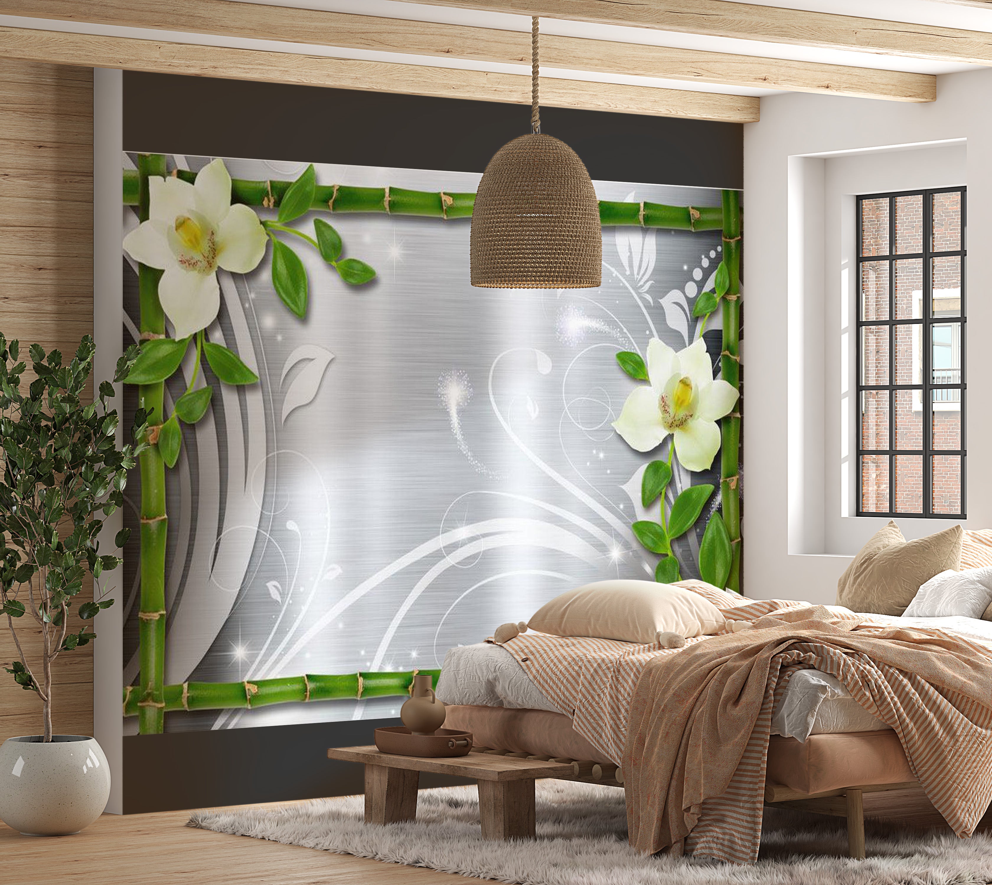 Zen Wallpaper Wall Mural - Bamboo And Two Orchids 39"Wx27"H