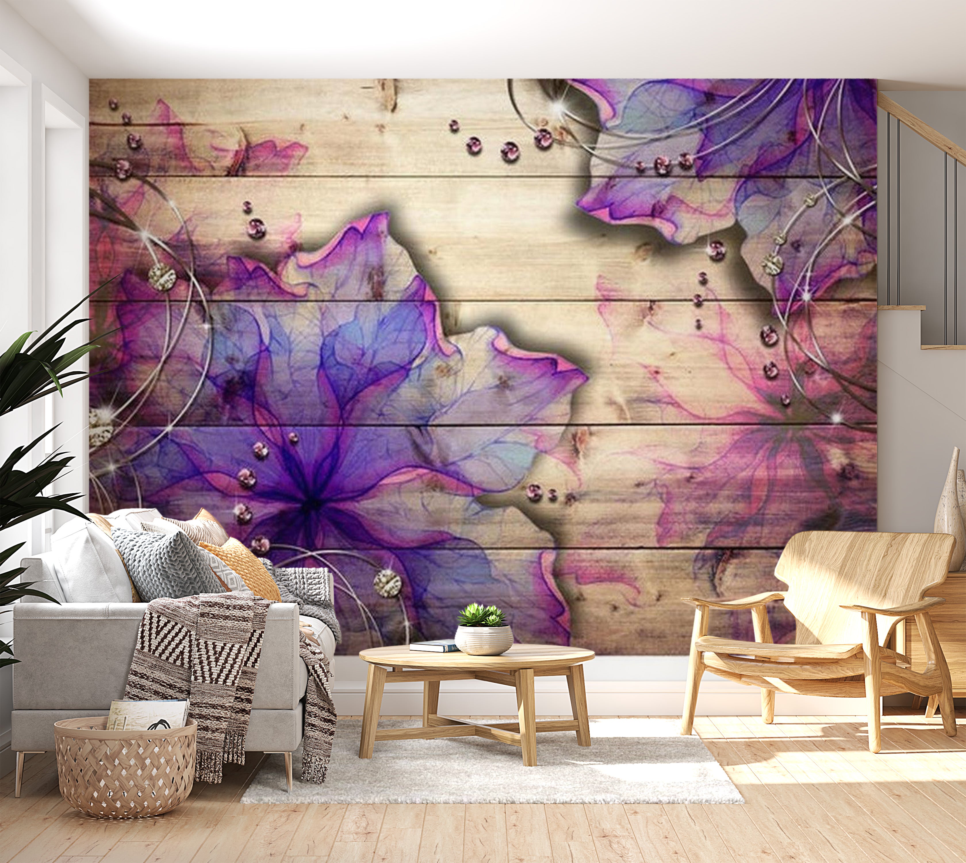 Background & Patterns Wallpaper Wall Mural - Purple Watercolour Flowers on Wood 39"Wx27"H