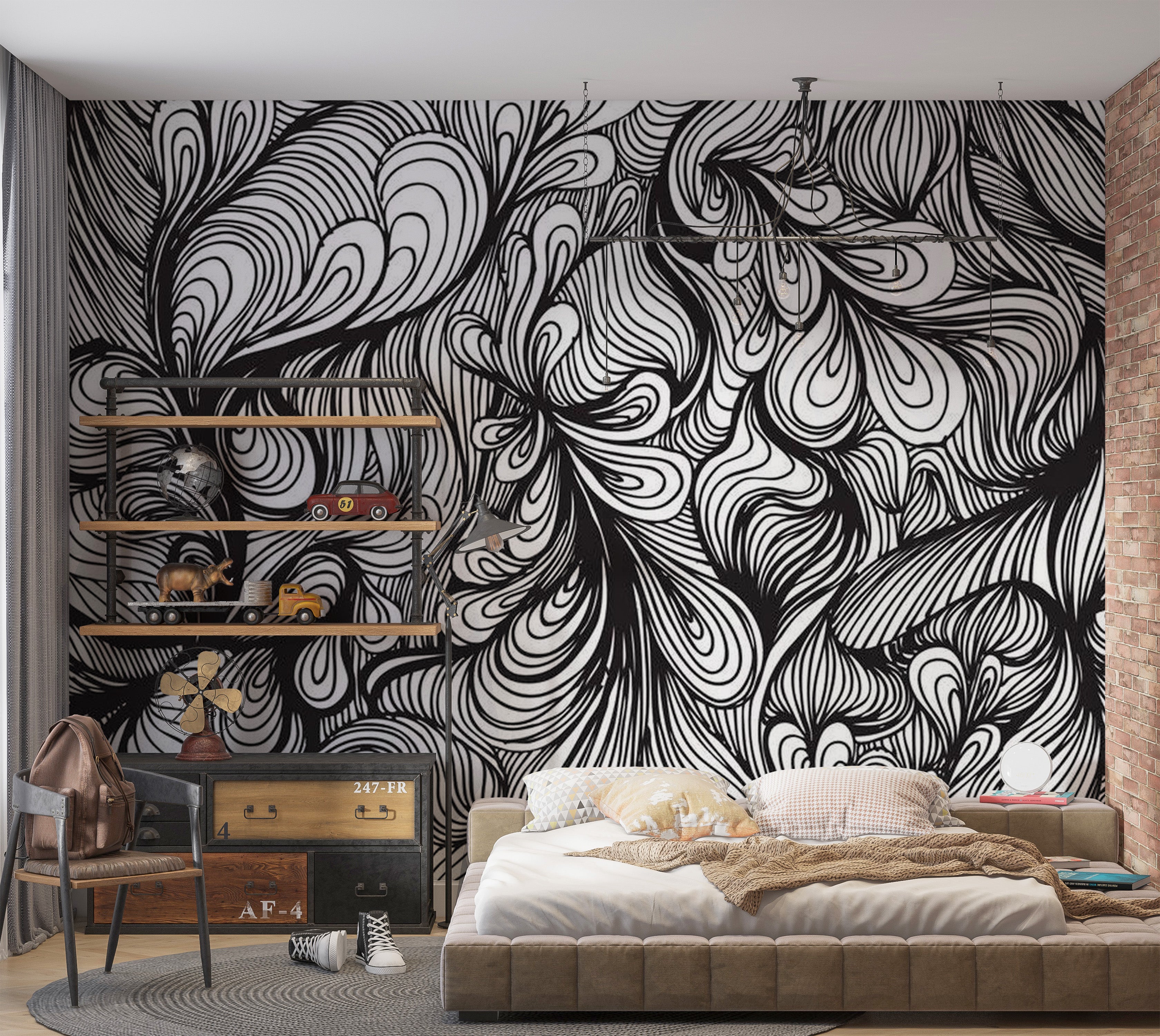 Abstract Wallpaper Wall Mural - Black And White Retro Style 118"Wx90"H