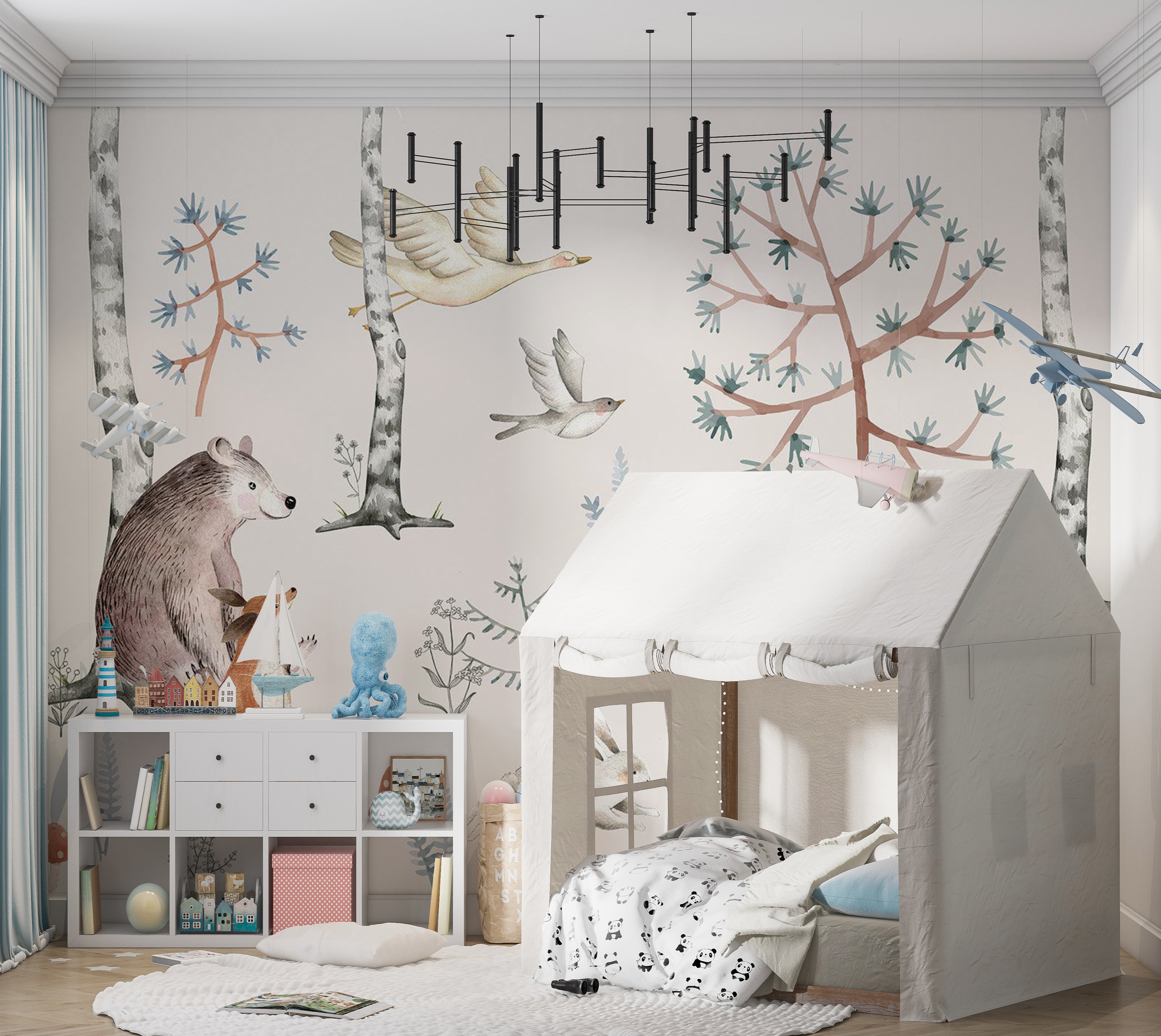 Peel & Stick Kids Wall Mural - Watercolor Forest With Animals 38"Wx27"H