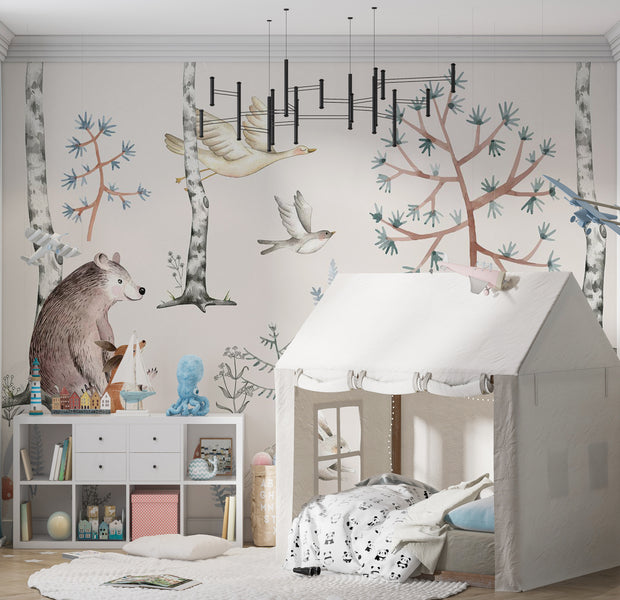 Peel & Stick Kids Wall Mural - Watercolor Forest With Animals 38"Wx27"H