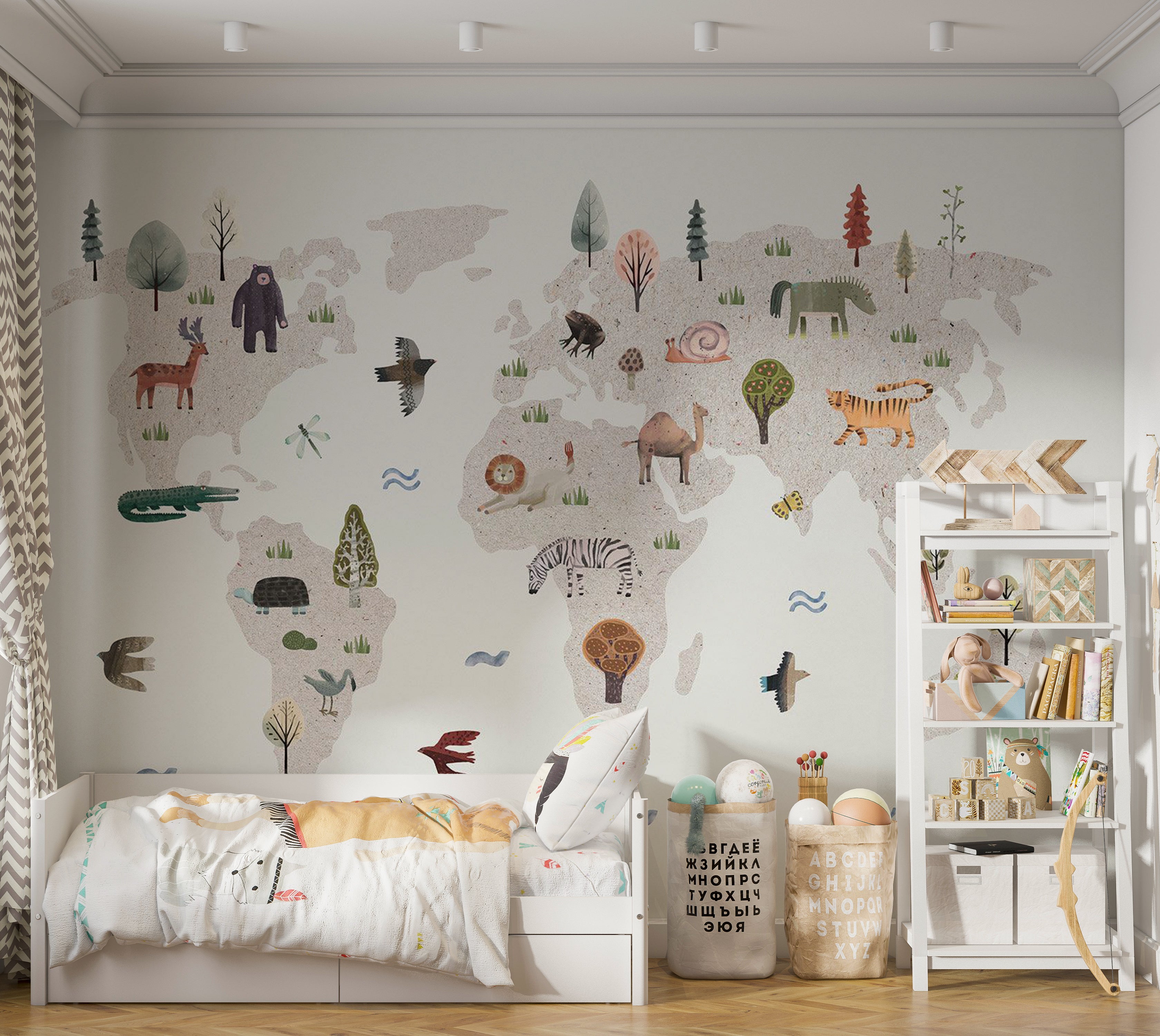 Kids Wallpaper Wall Mural - Beige World Map With Animals 39"Wx27"H / Standard