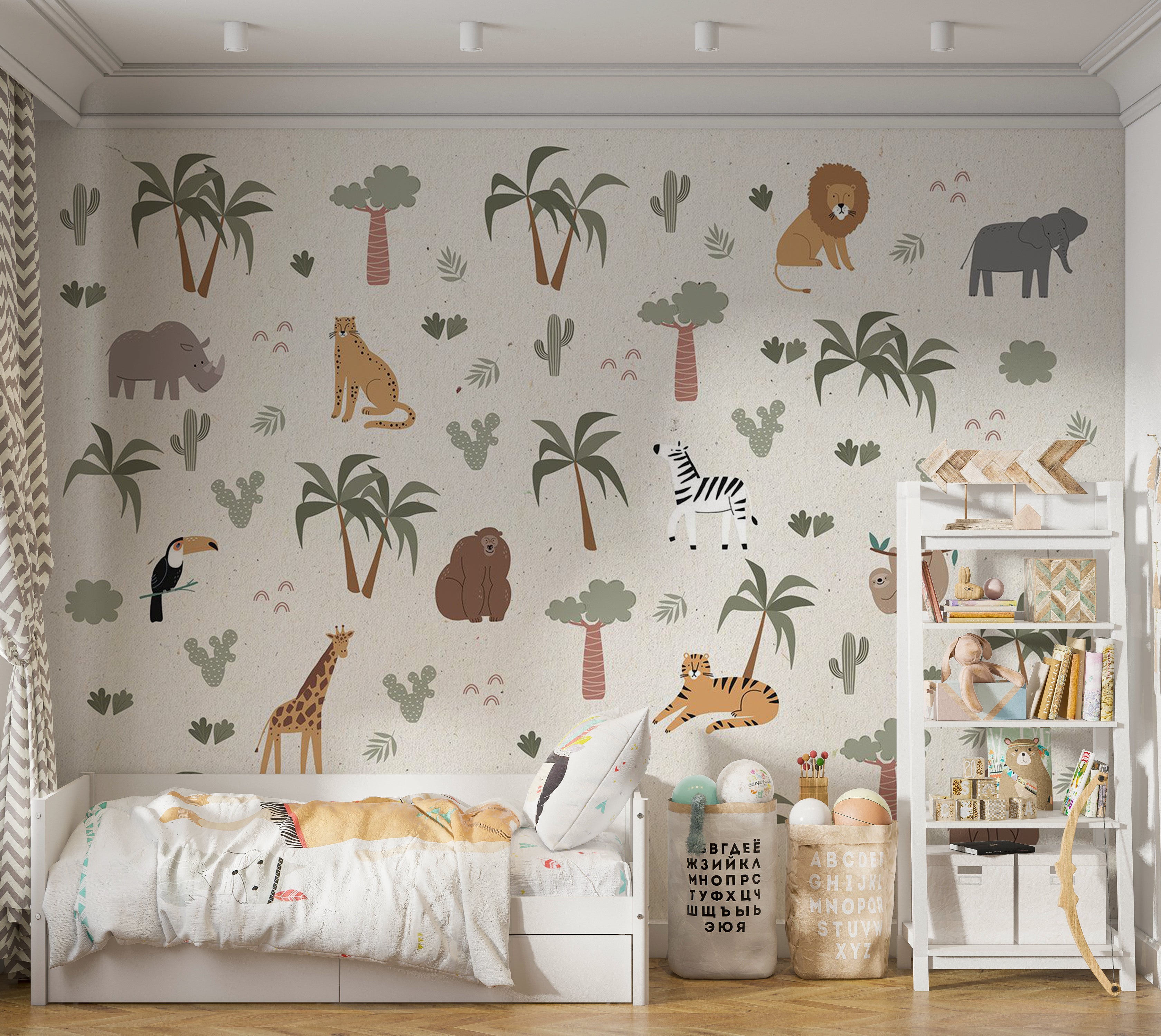 Kids Wallpaper Wall Mural - Cartoon Jungle Composition 39"Wx27"H / Standard