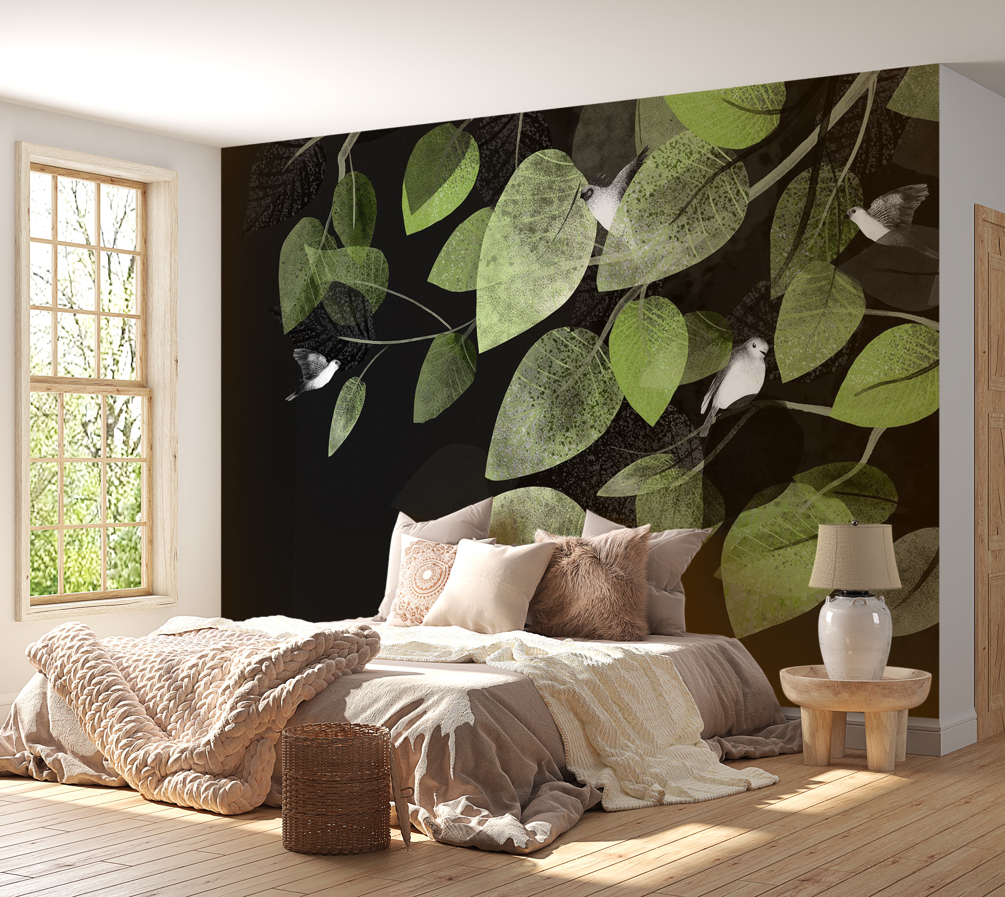 Peel & Stick Botanical Wall Mural - Wings and Leaves at Twilight 38"Wx27"H