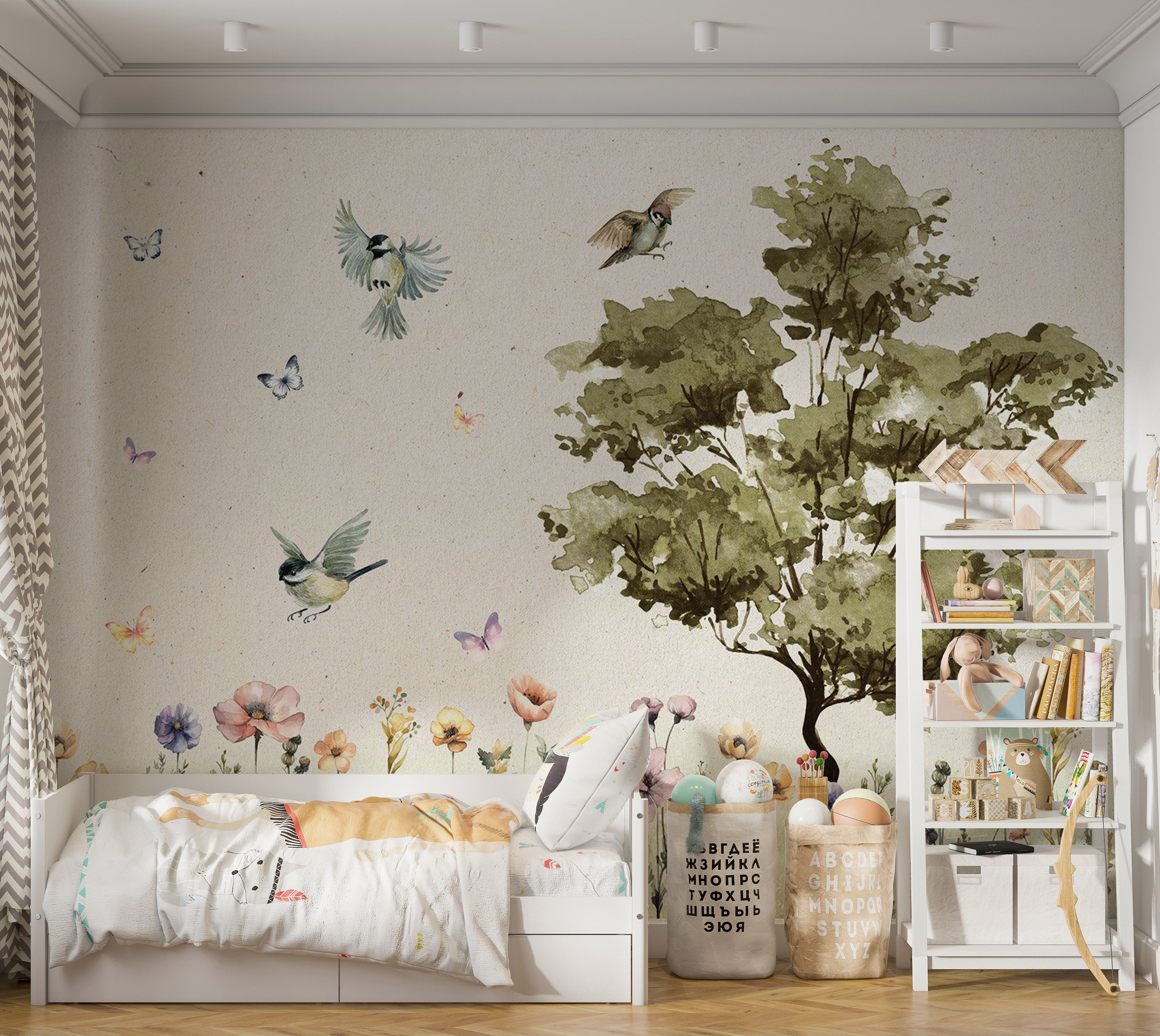 Kids Wallpaper Wall Mural - Flowers Painted in Watercolors 39"Wx27"H / Standard