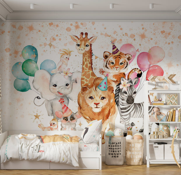 Kids Wallpaper Wall Mural - Happy Animals 39"Wx27"H / Standard