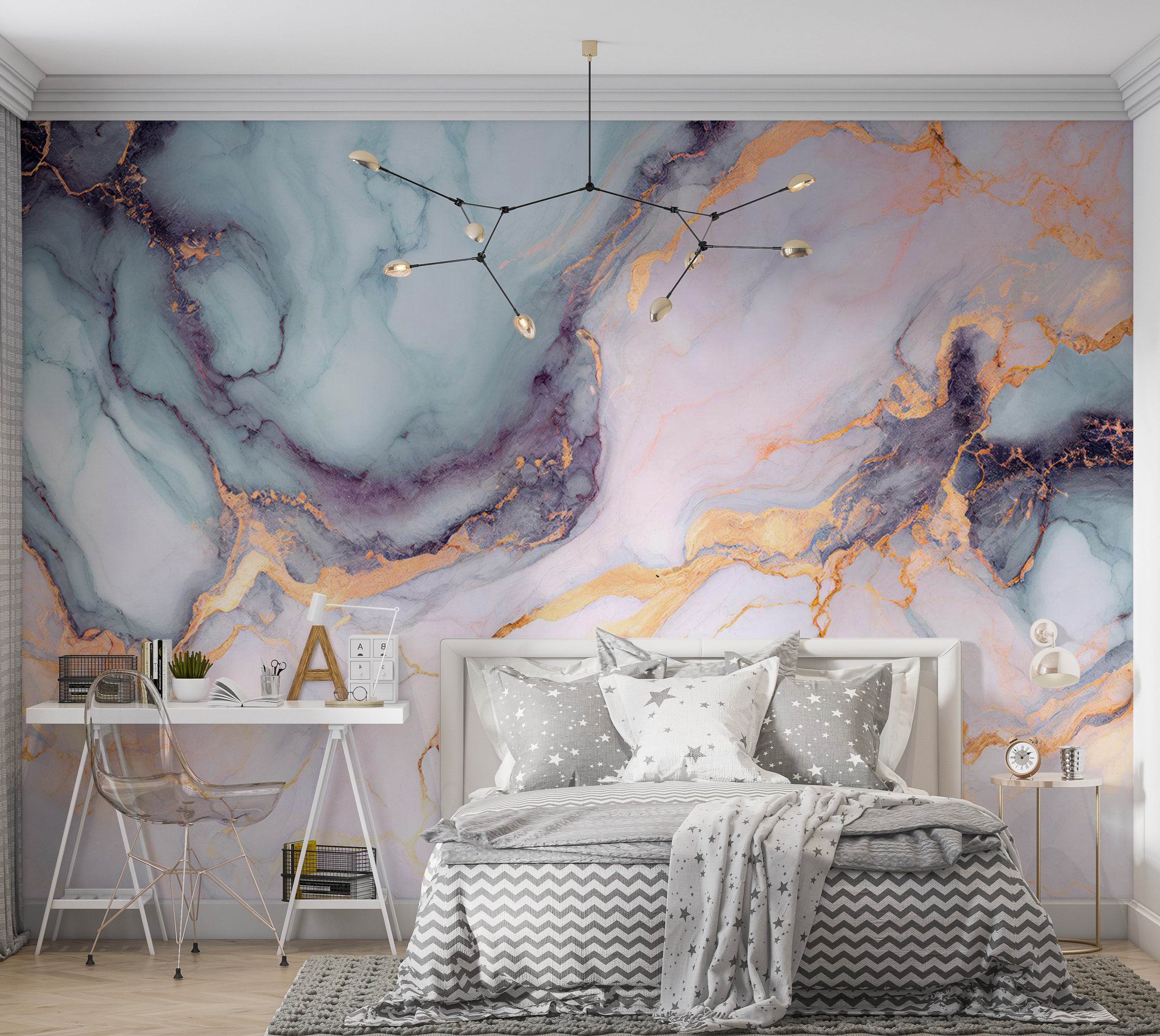 Peel & Stick Wall Mural - Blue Gold Marble 38"Wx27"H