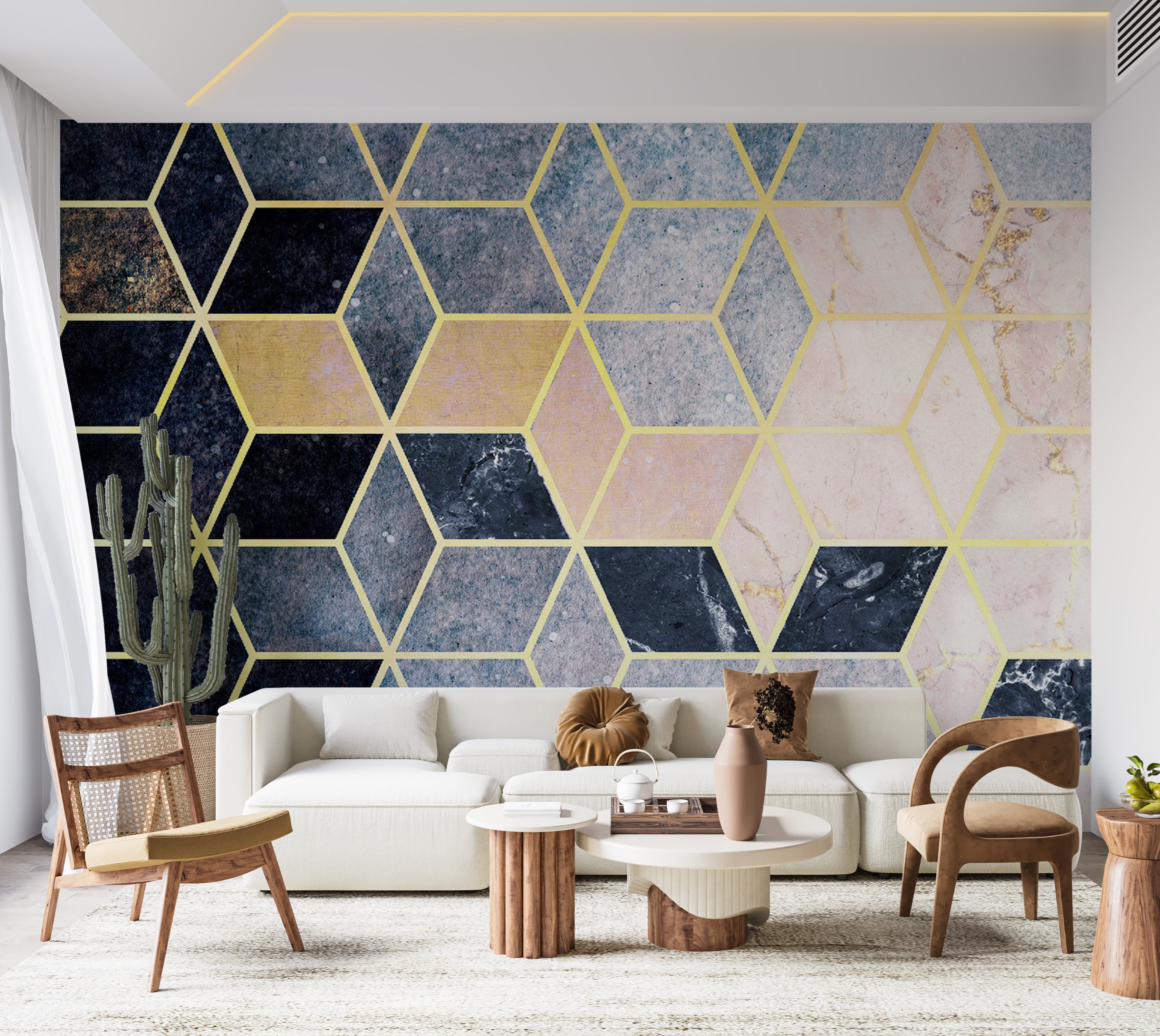 Abstract Wallpaper Wall Mural - Blue Geometric Pattern 39"Wx27"H / Standard