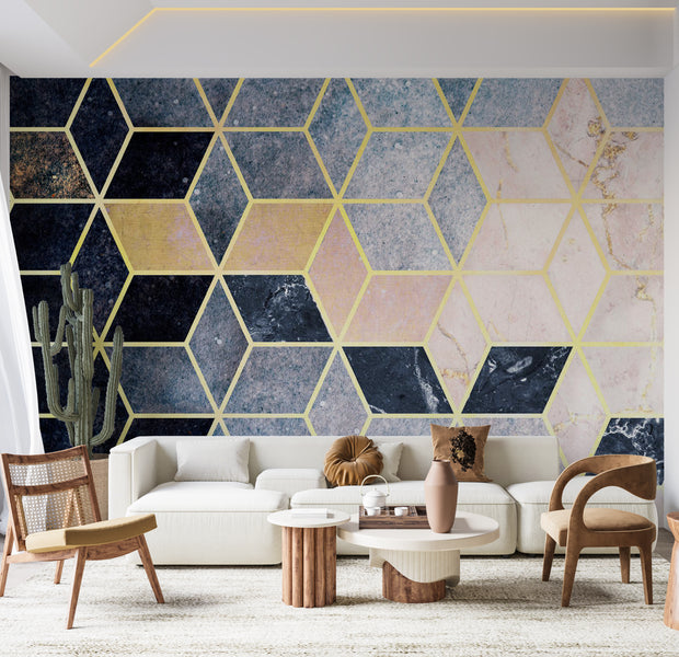 Abstract Wallpaper Wall Mural - Blue Geometric Pattern 39"Wx27"H / Standard