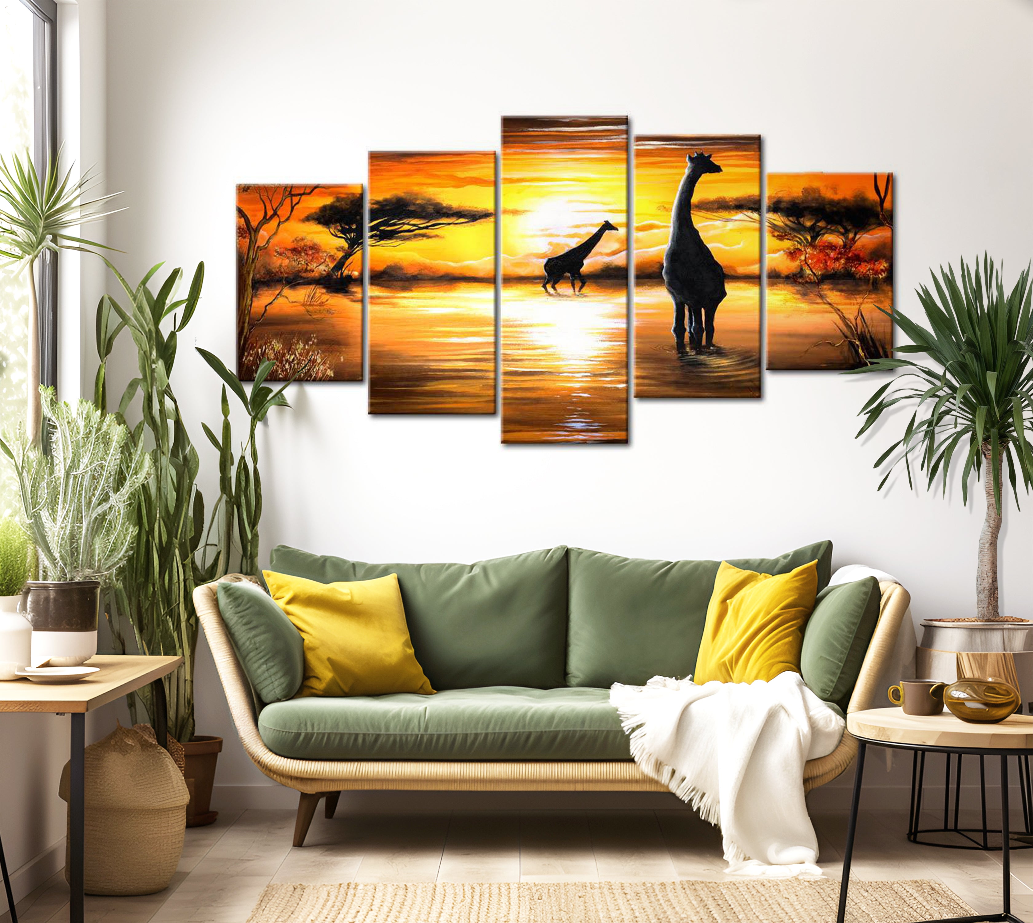 Stretched Canvas Landscape Art - Giraffes At Sunset 40"Wx20"H