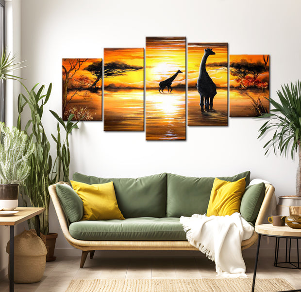 Stretched Canvas Landscape Art - Giraffes At Sunset 40"Wx20"H