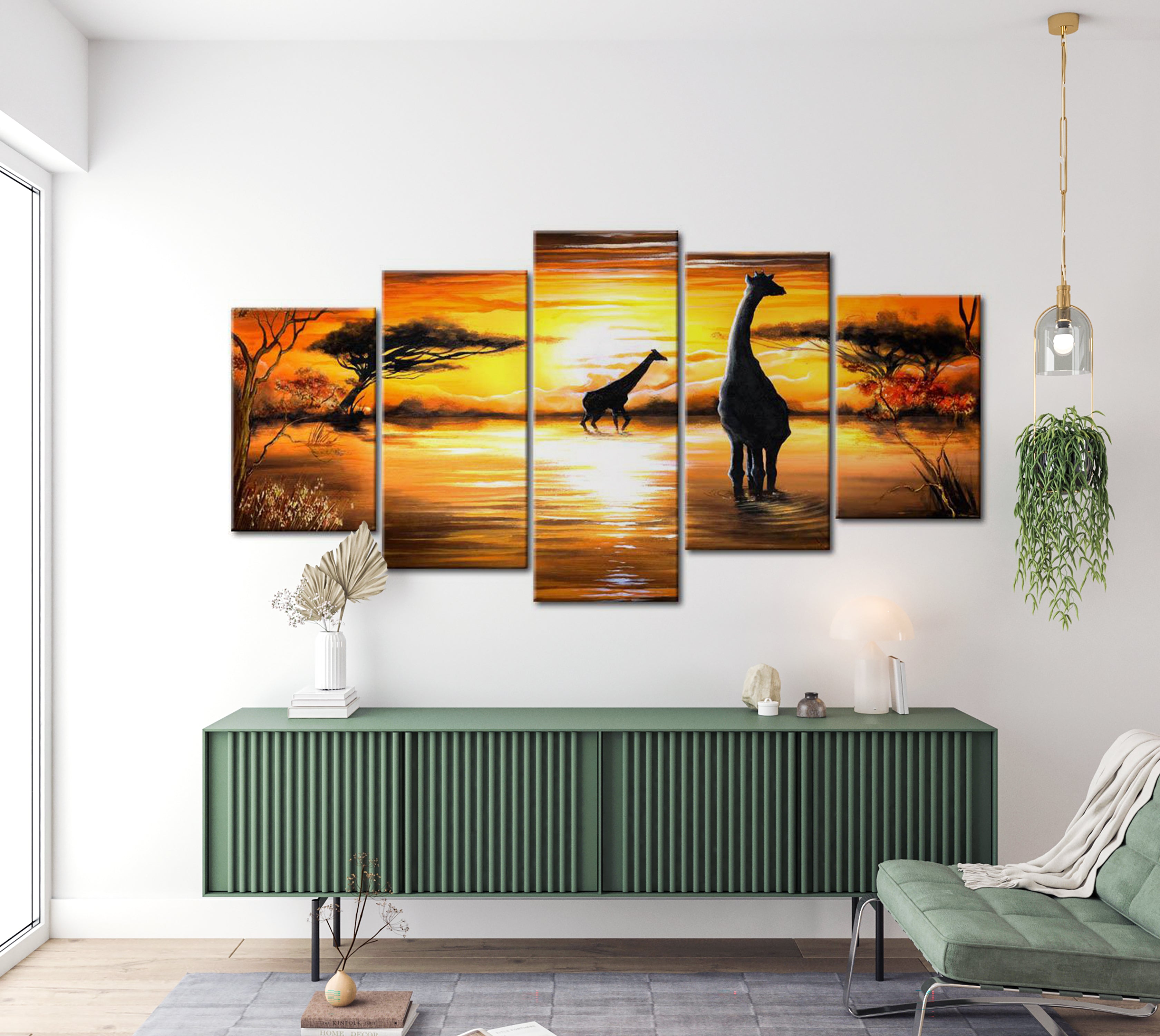 Stretched Canvas Landscape Art - Giraffes At Sunset 40"Wx20"H