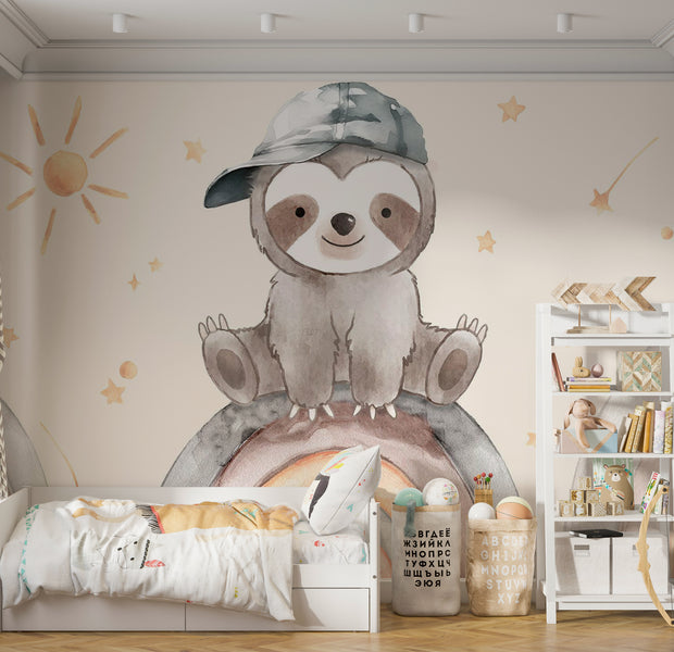 Kids Wallpaper Wall Mural - Little Sloth on a Rainbow 39"Wx27"H / Standard