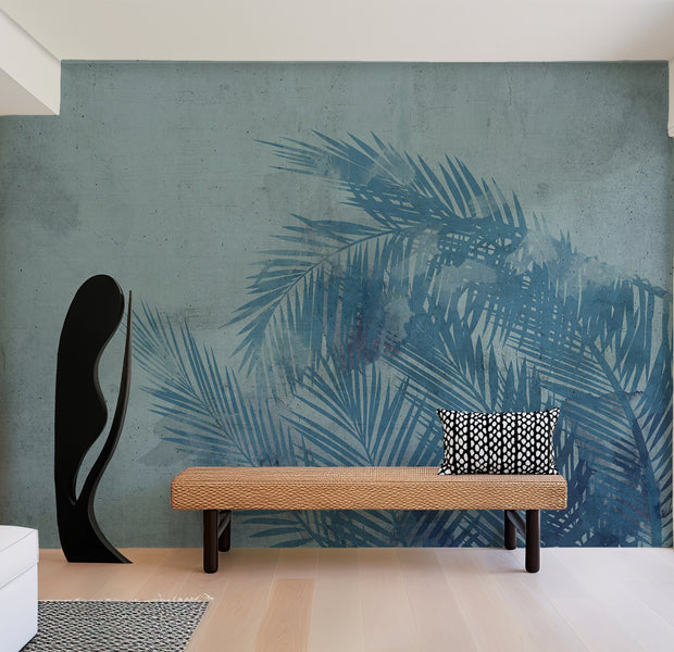 Peel & Stick Botanical Wall Mural - Palm Leaves in Blue 38"Wx27"H