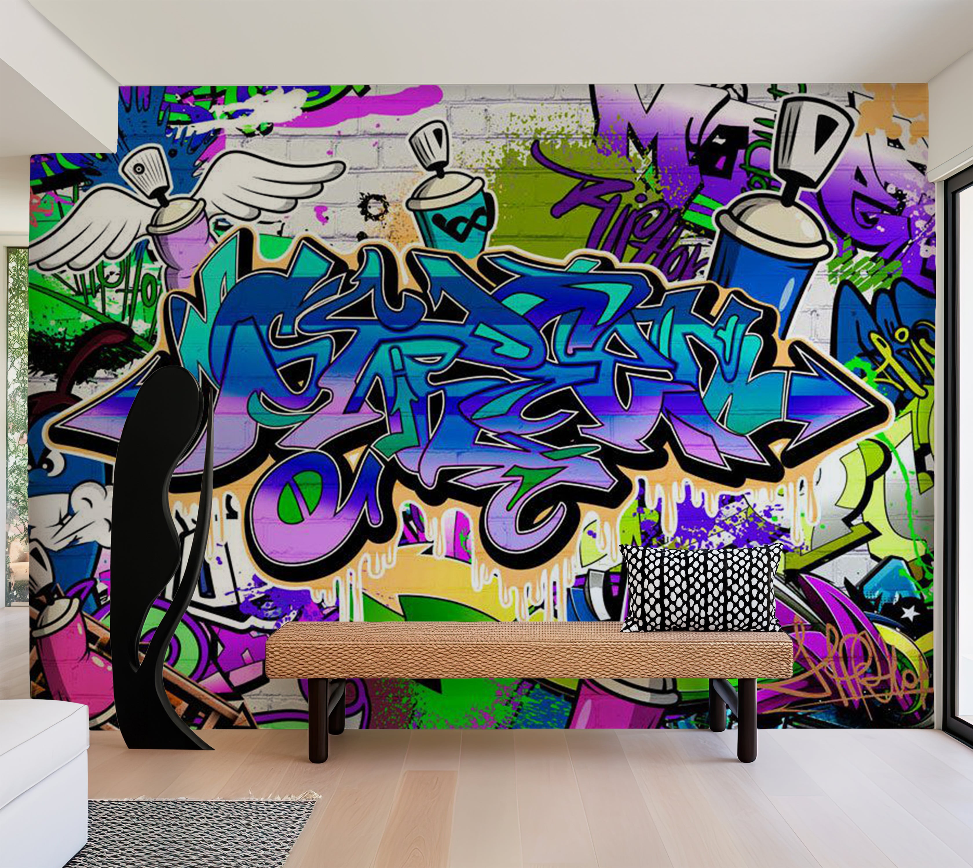 Peel & Stick Street Art Wall Mural - Graffiti Blue Theme 38"Wx27"H