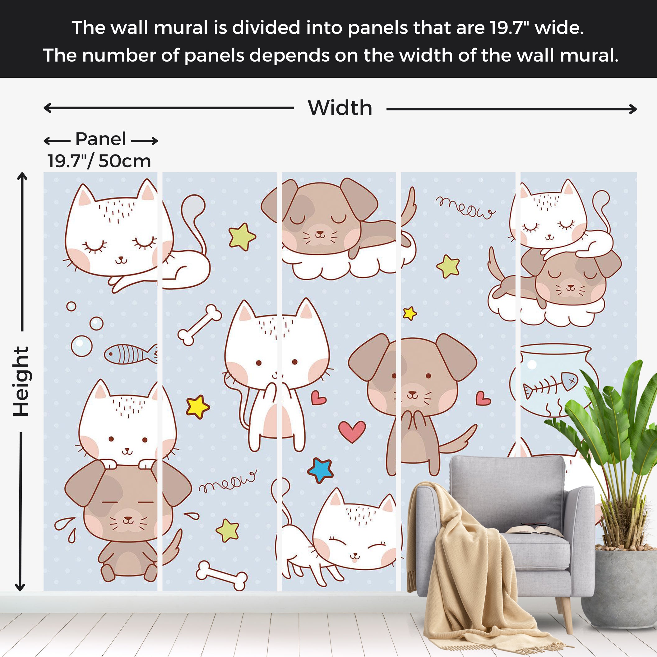 Kids Wallpaper Wall Mural - Cartoon Cats and Dogs 39"Wx27"H / Standard