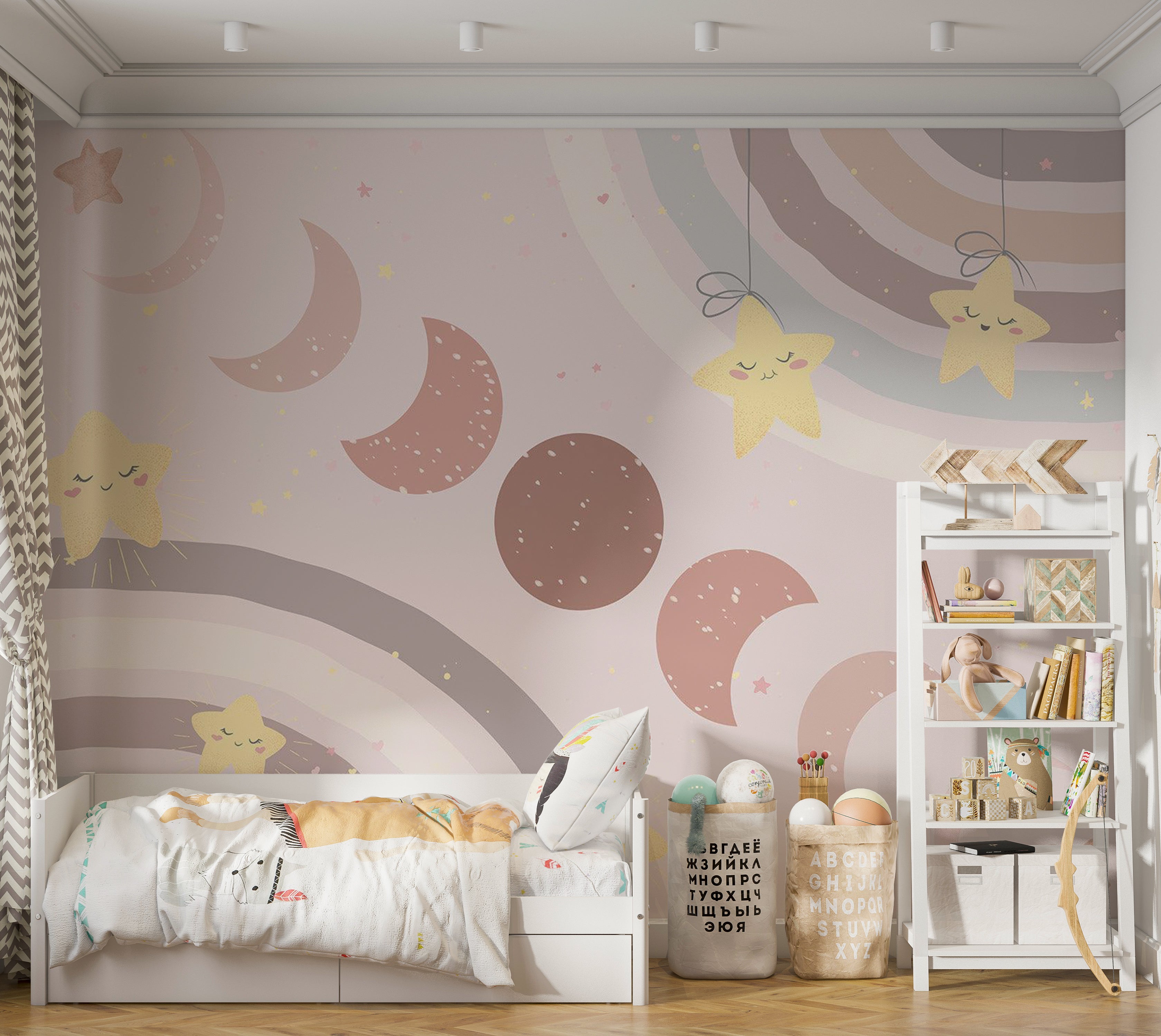 Kids Wallpaper Wall Mural - Moon Among Stars and Rainbows 39"Wx27"H / Standard