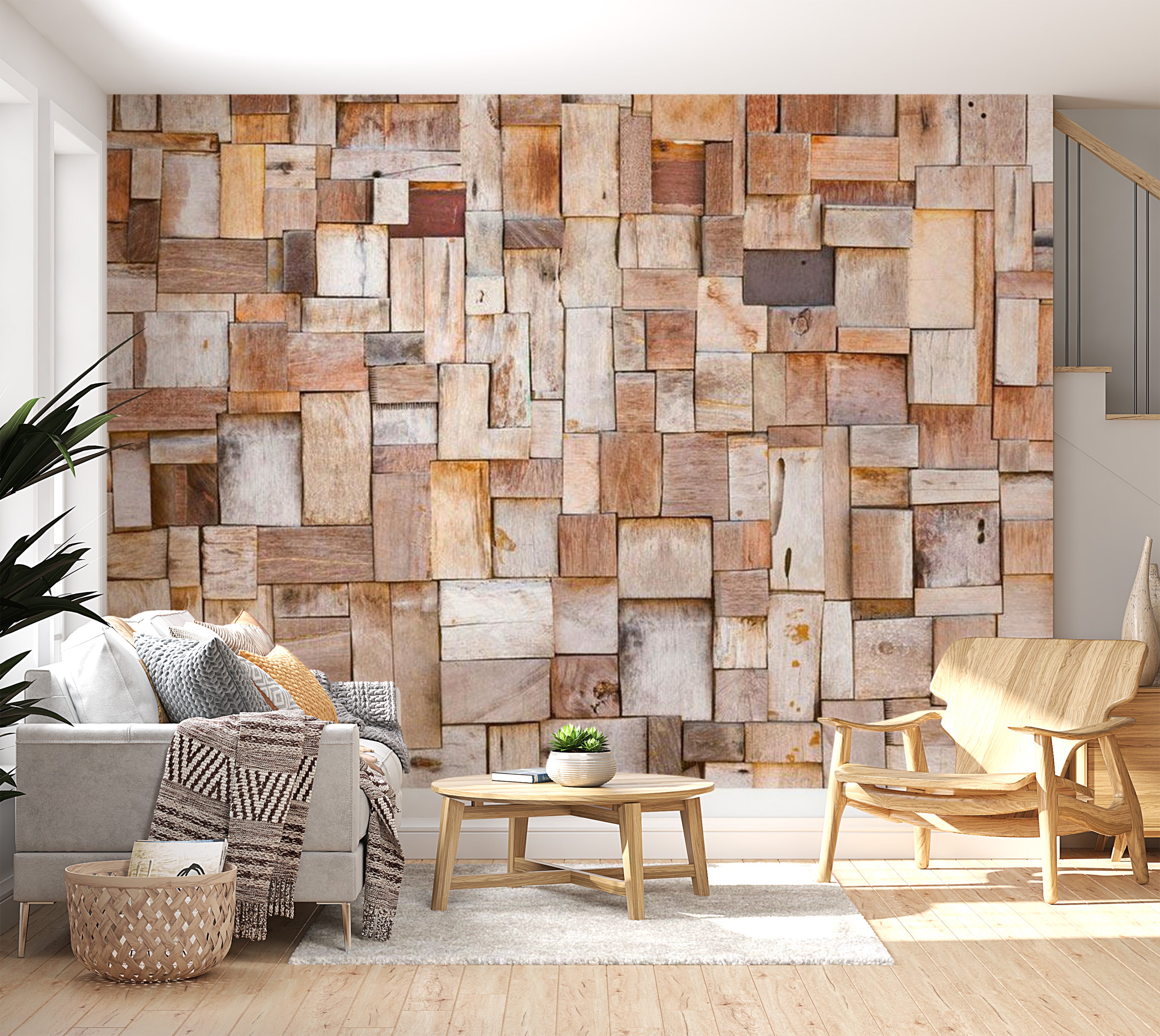 Background & Patterns Wallpaper Wall Mural - Wooden Bloks Mosaic 39"Wx27"H