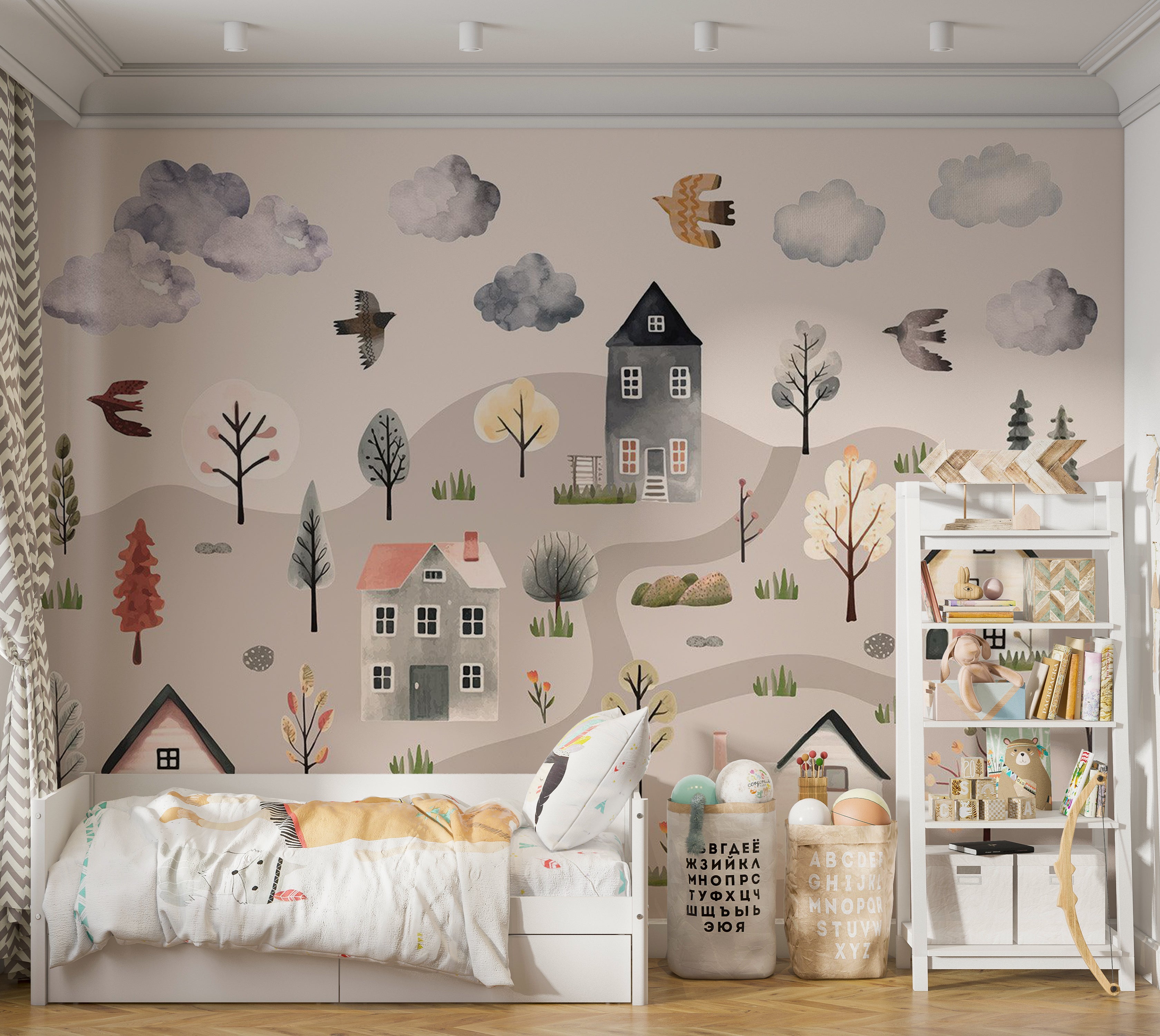 Kids Wallpaper Wall Mural - Scandinavian Valley in Pastel Colors 39"Wx27"H / Standard