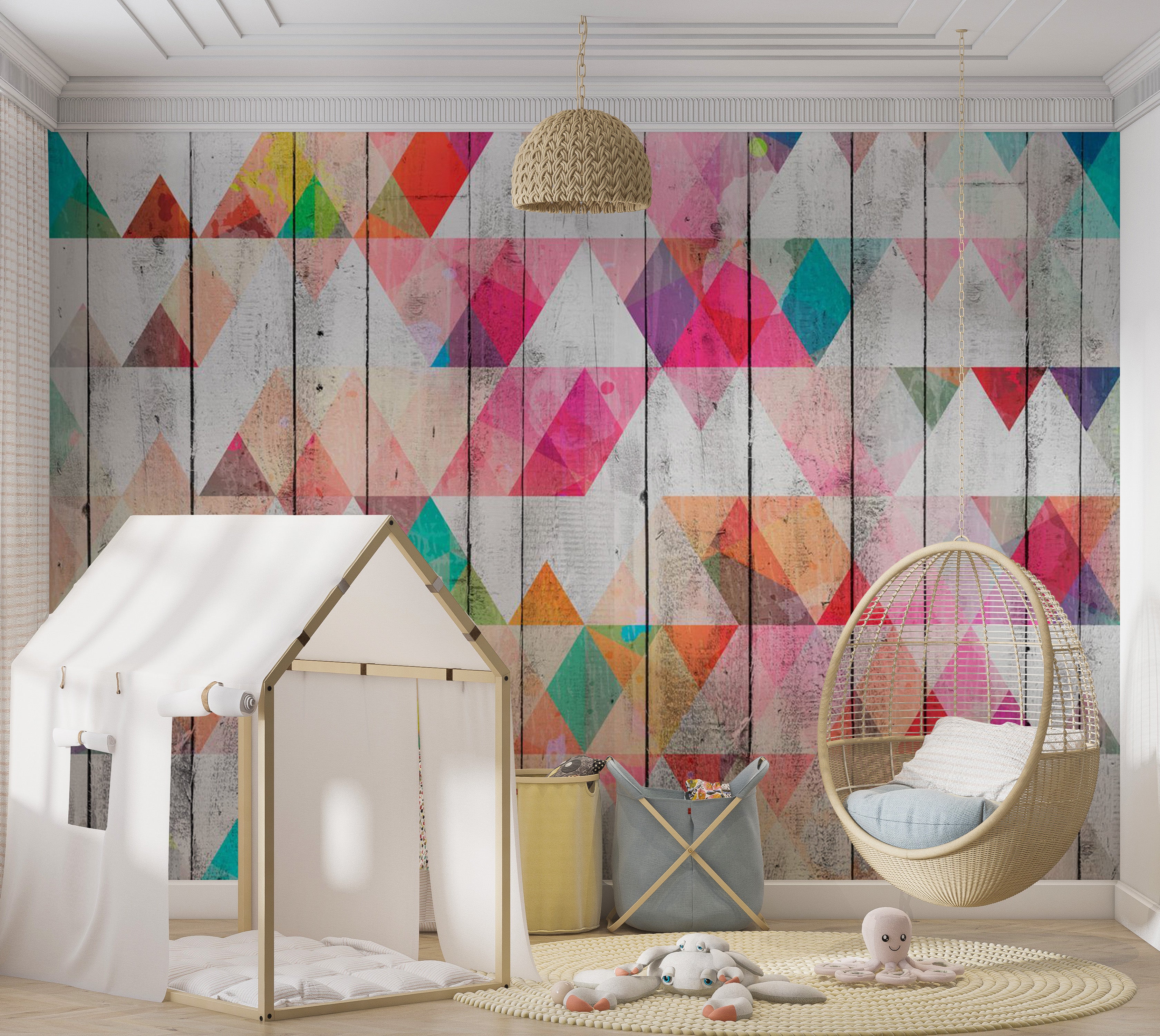 Background & Patterns Wallpaper Wall Mural - Rainbow Triangles on Wood 39"Wx27"H