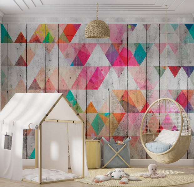 Background & Patterns Wallpaper Wall Mural - Rainbow Triangles on Wood 39"Wx27"H