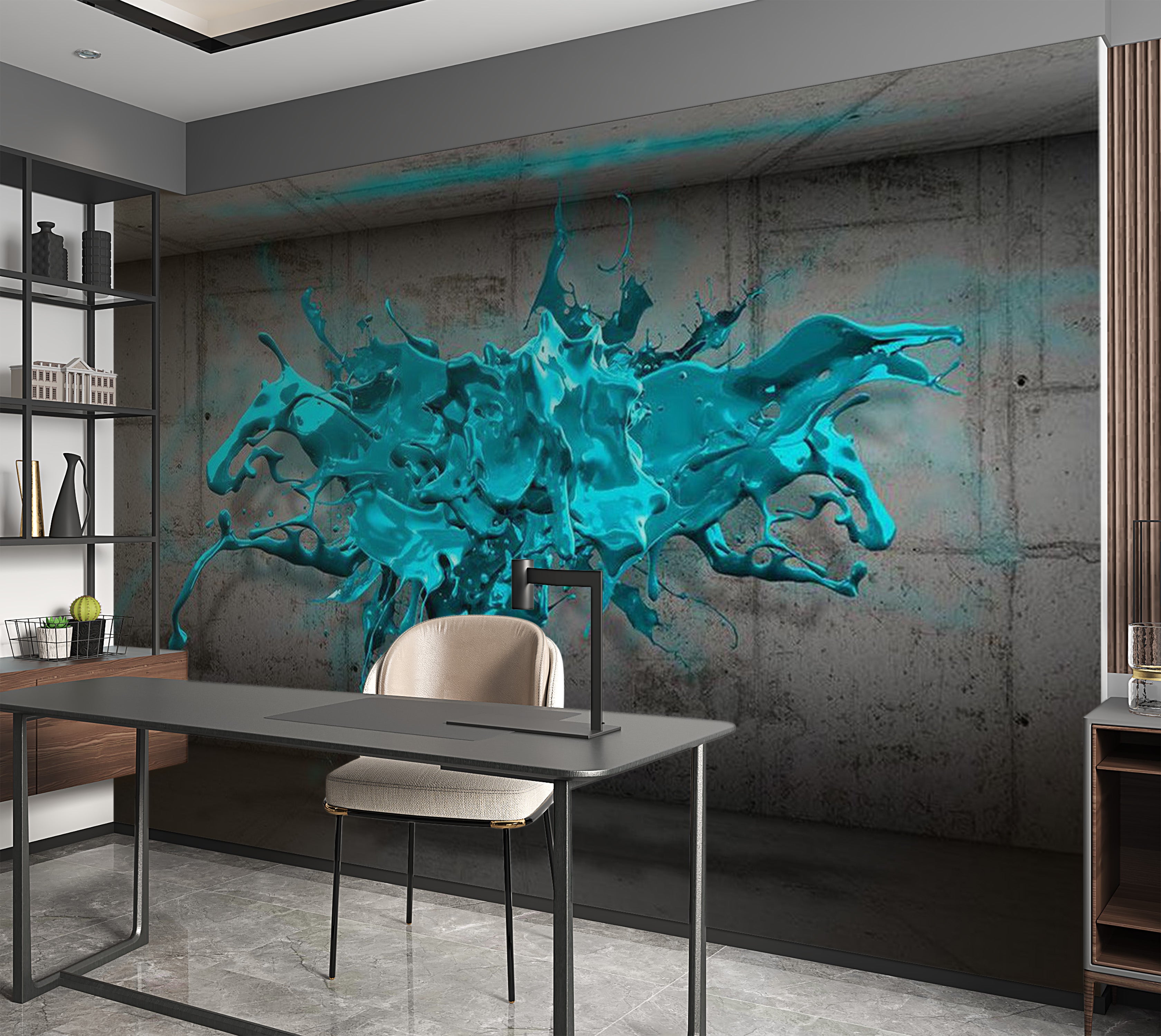 Abstract Wallpaper Wall Mural - Blue Ink Blot 39"Wx27"H