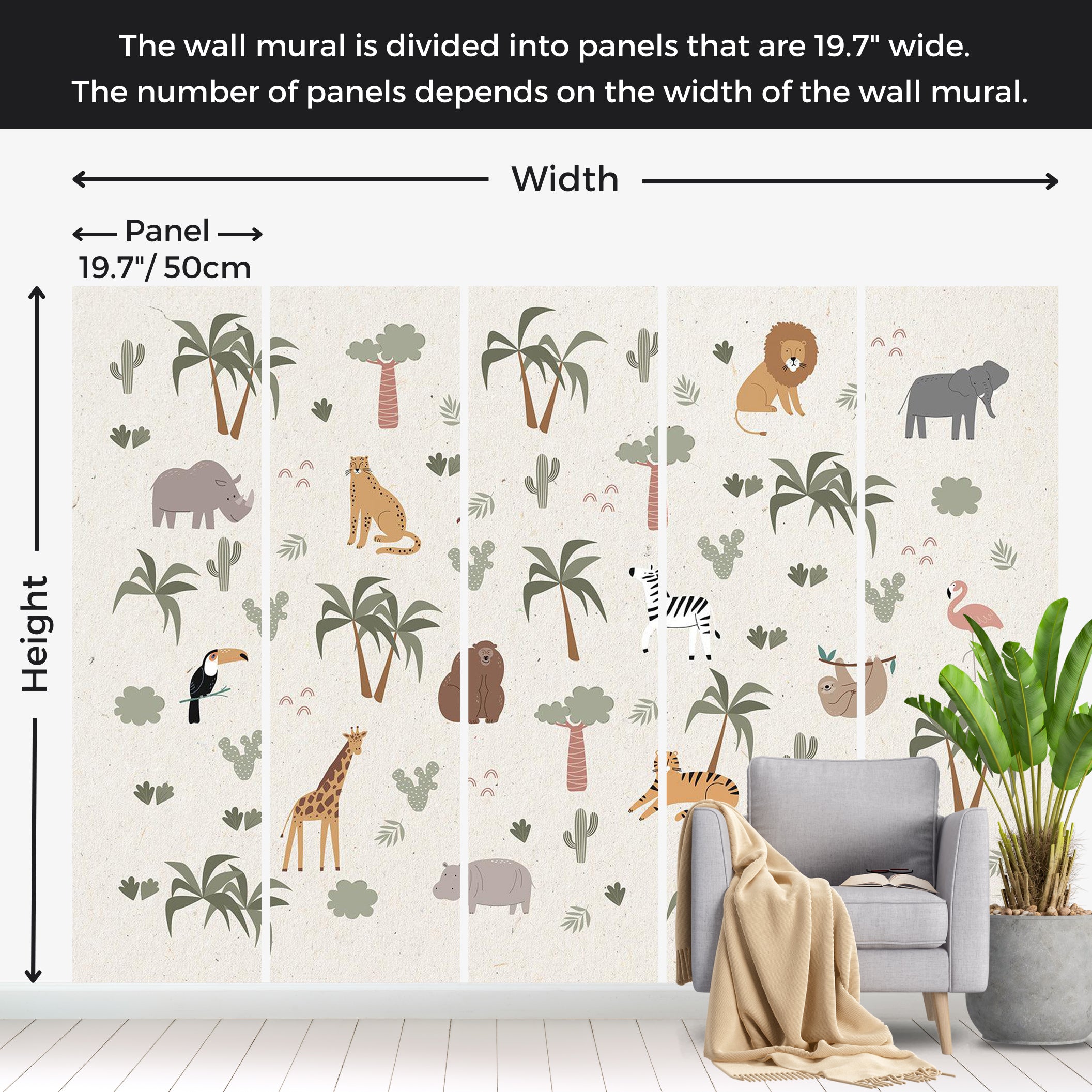 Kids Wallpaper Wall Mural - Cartoon Jungle Composition 39"Wx27"H / Standard