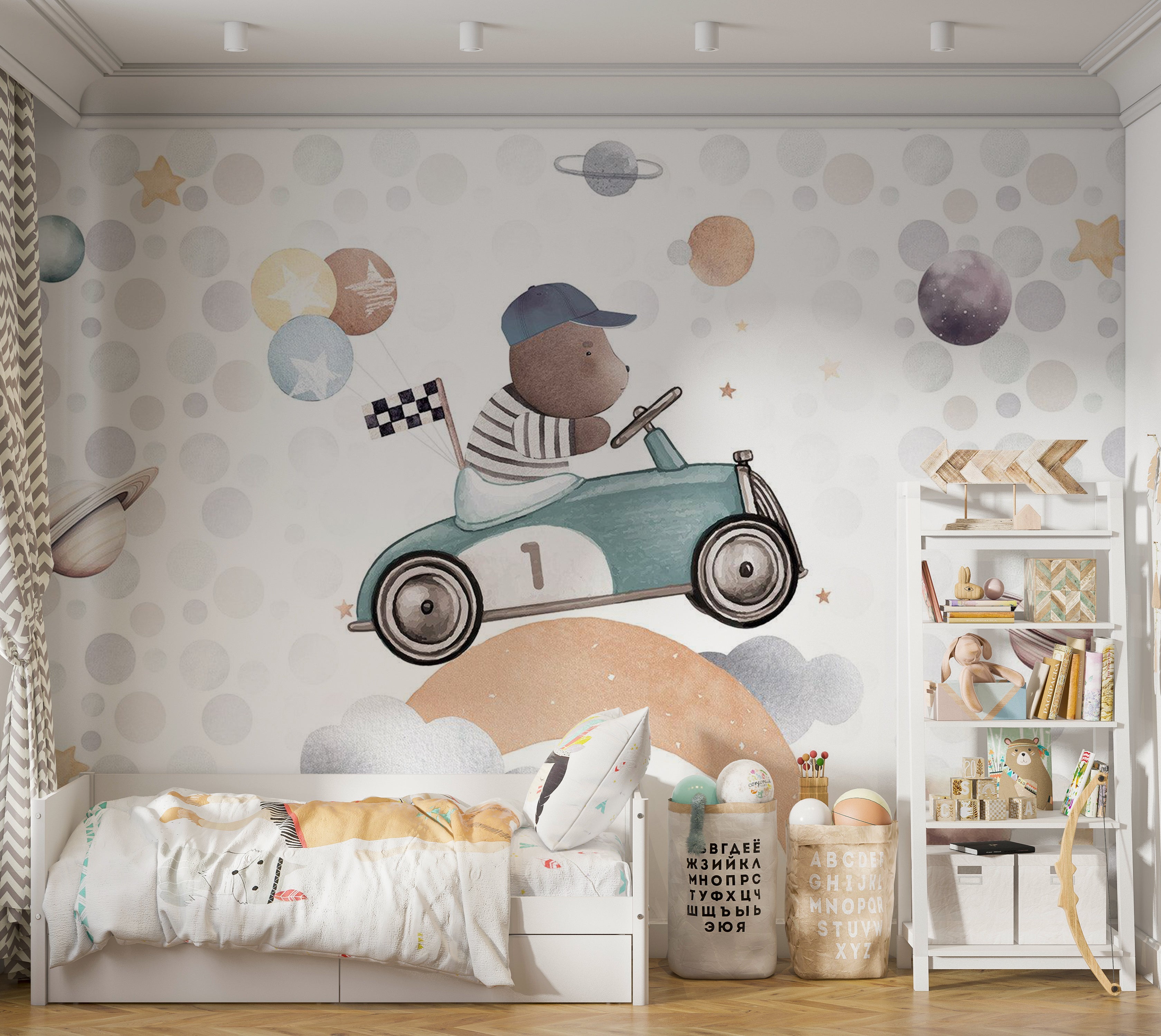 Kids Wallpaper Wall Mural - Teddy Bear in a Racing Car 39"Wx27"H / Standard