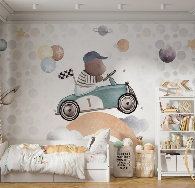 Kids Wallpaper Wall Mural - Teddy Bear in a Racing Car 39"Wx27"H / Standard