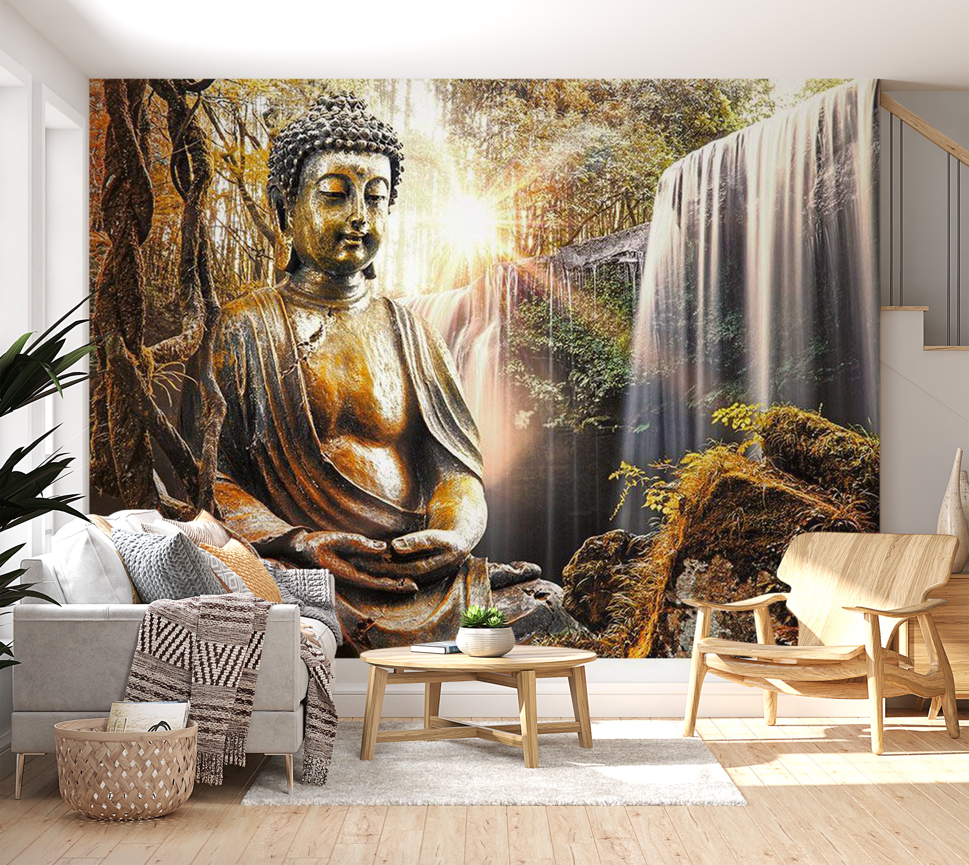 Zen Wallpaper Wall Mural - Waterfall Buddha Mix 39"Wx27"H