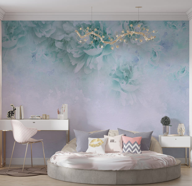 Peel & Stick Floral Wall Mural - Light Turquoise Floral Composition 38"Wx27"H