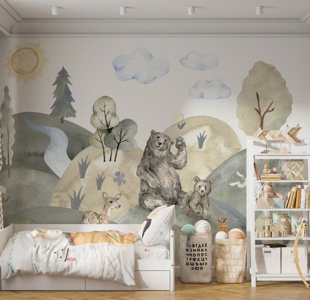 Kids Wallpaper Wall Mural - Valley With Animals 39"Wx27"H / Standard