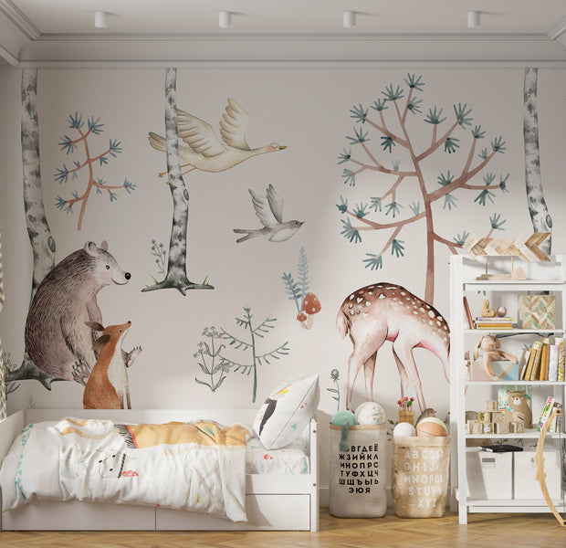 Kids Wallpaper Wall Mural - Watercolor Forest With Animals 39"Wx27"H / Standard