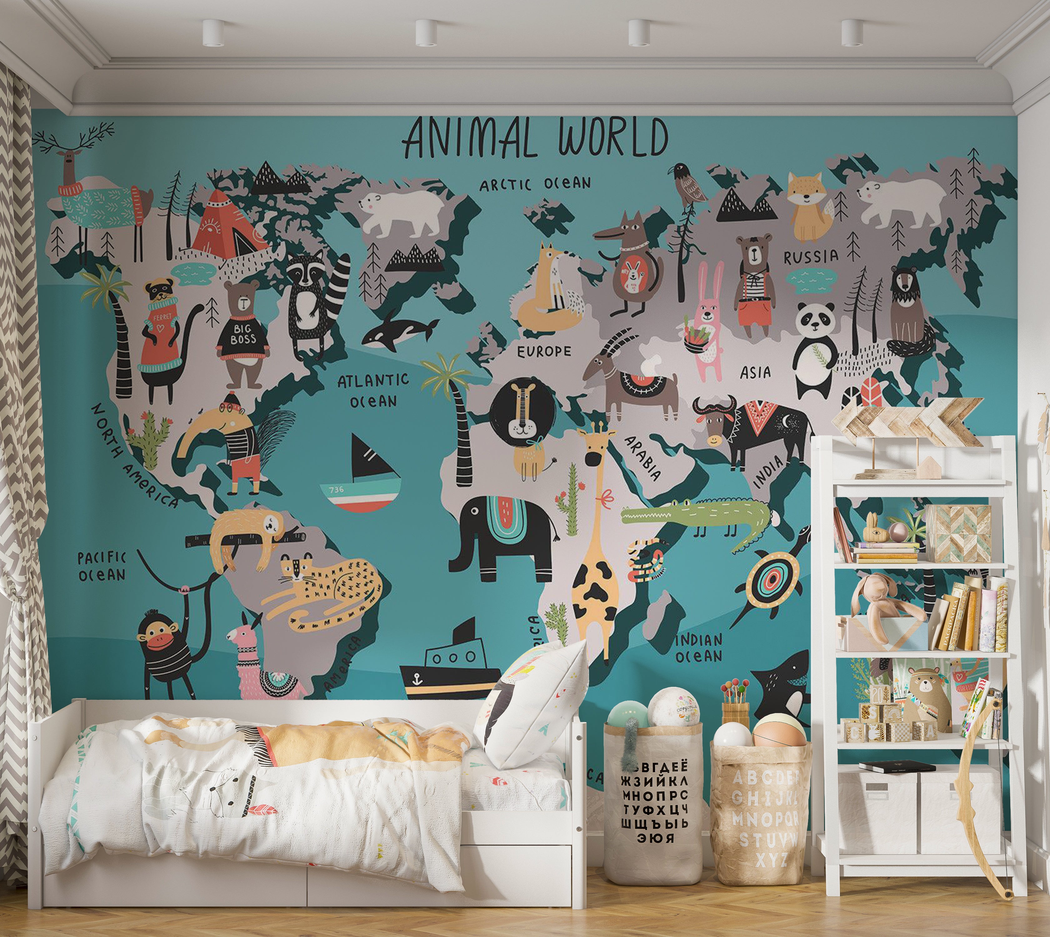 Kids Wallpaper Wall Mural - World Map With Animals 39"Wx27"H / Standard