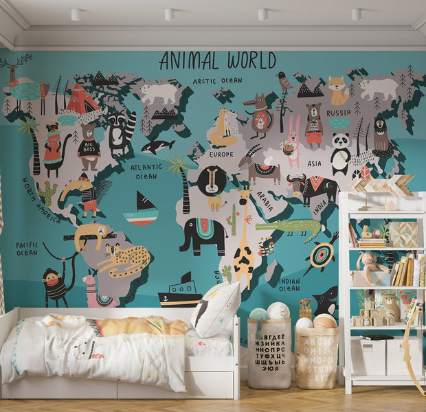 Kids Wallpaper Wall Mural - World Map With Animals 39"Wx27"H / Standard