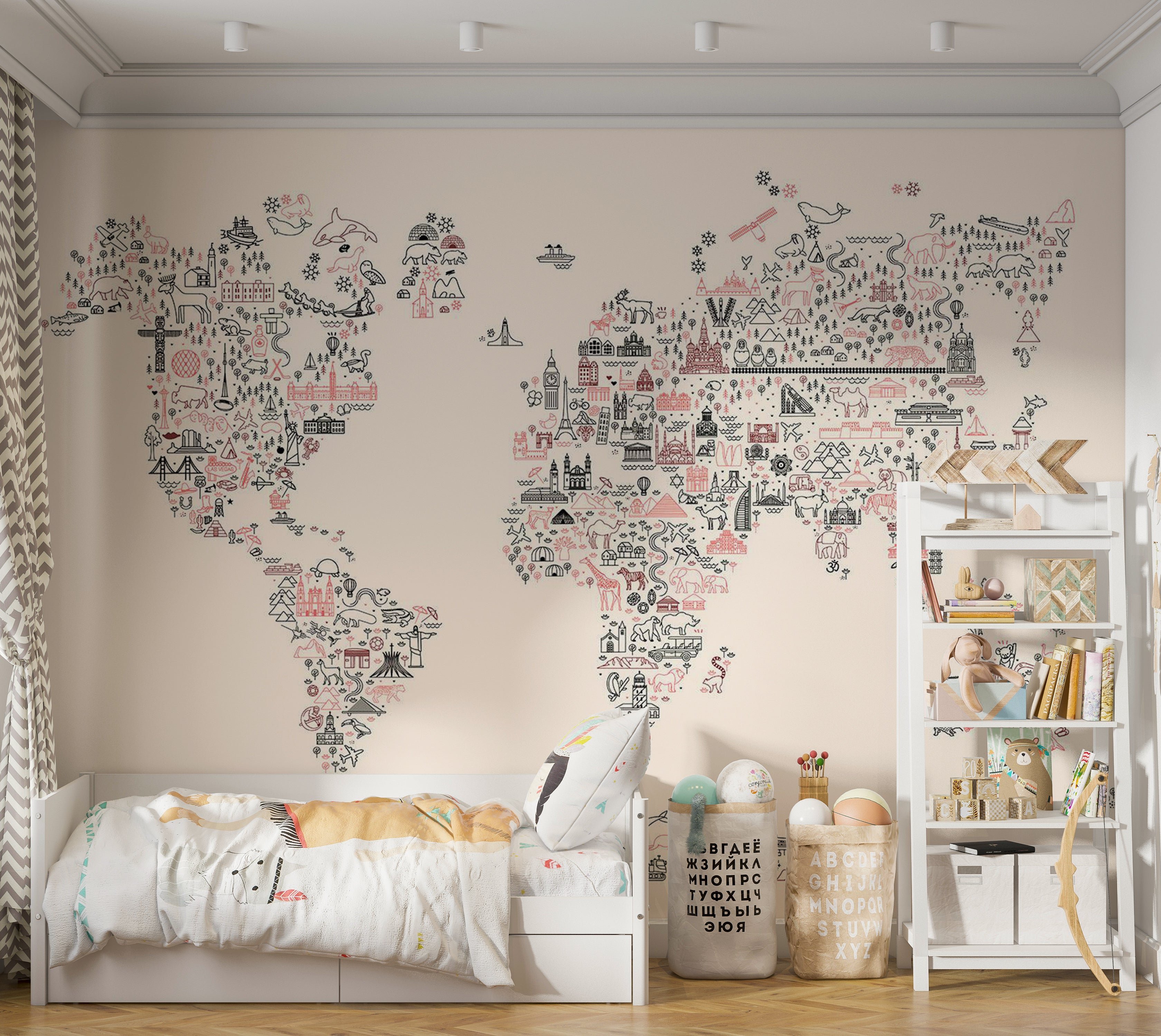 Kids Wallpaper Wall Mural - Worlf Map With Icons 39"Wx27"H / Standard