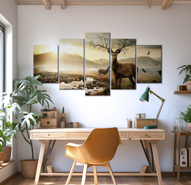 Stretched Canvas Landscape Art - Tundra And Deer 40"Wx20"H