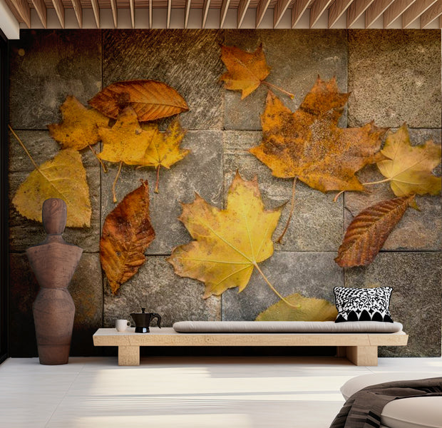 Background & Patterns Wallpaper Wall Mural - Autumn Leaves on Stones 118"Wx90"H