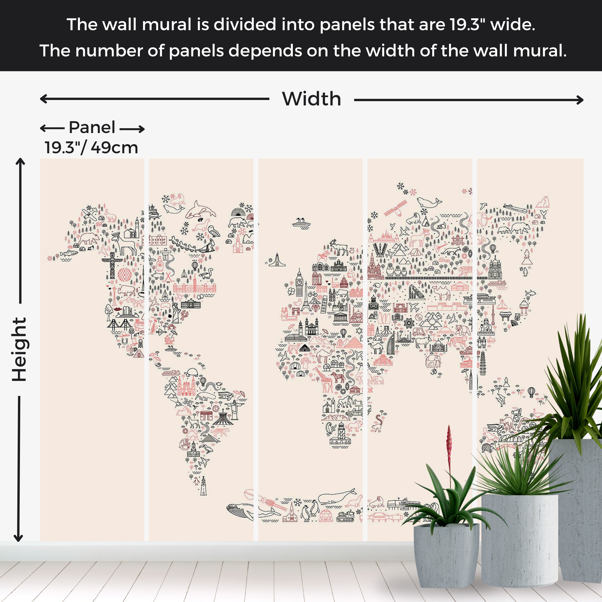 Peel & Stick Kids Wall Mural - Worlf Map With Icons 38"Wx27"H