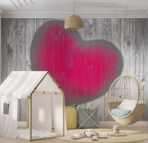 Background & Patterns Wallpaper Wall Mural - Pink Heart On Grey Wood 118"Wx90"H