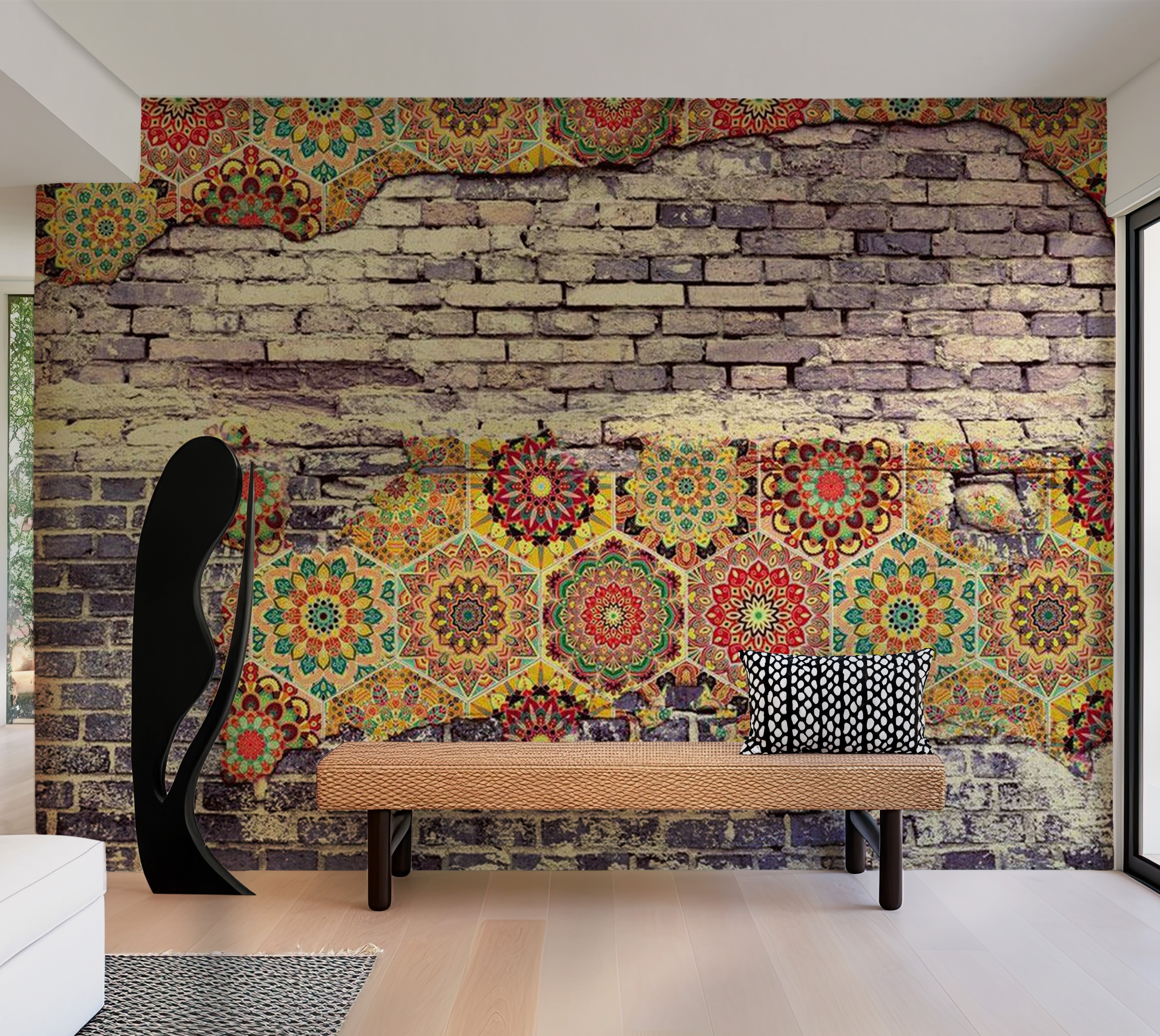 Background & Patterns Wallpaper Wall Mural - Brick Wall and Mosaic 39"Wx27"H